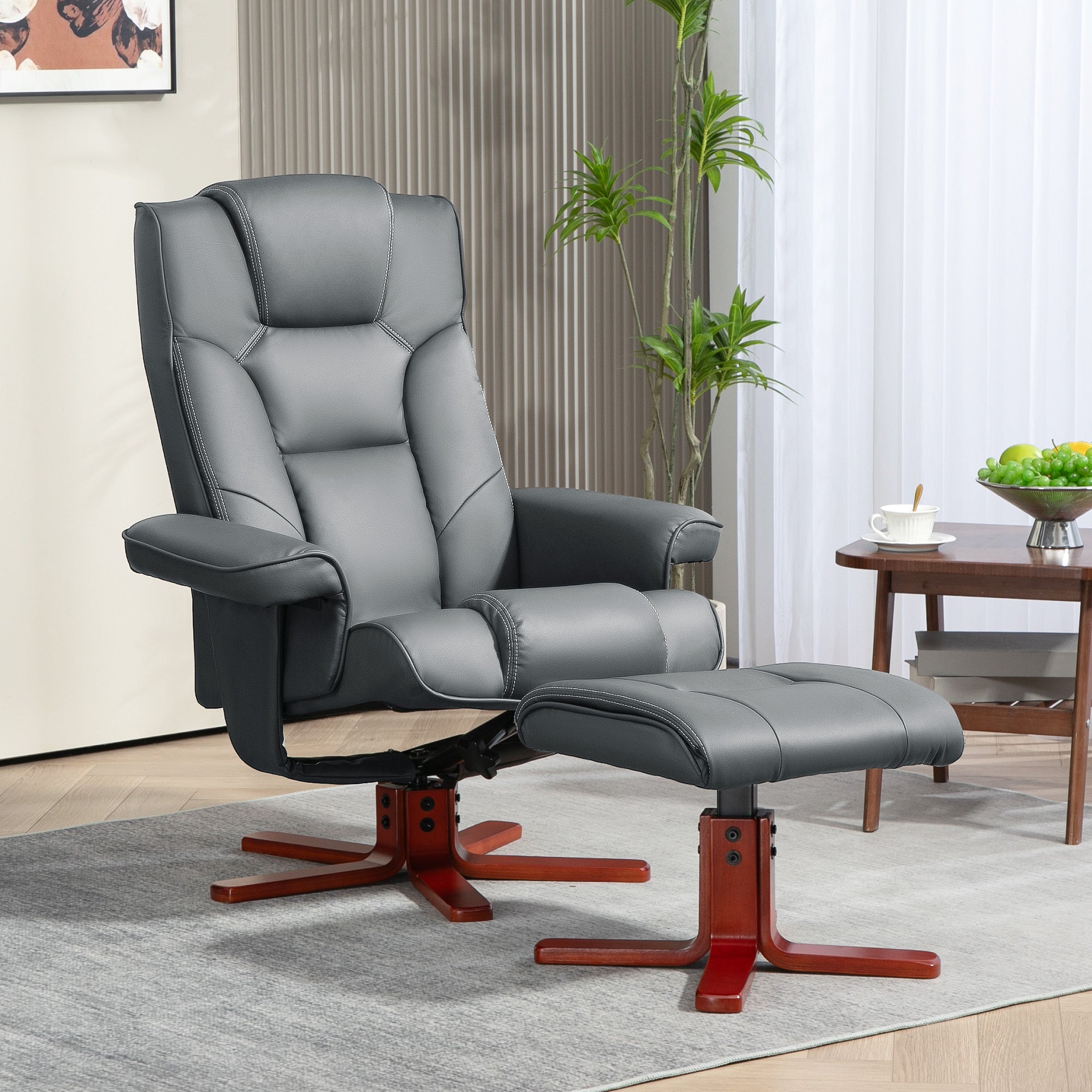 HOMCOM Faux Leather Manual Recliner and Footstool Set - Grey - North Peak Garden Furniture