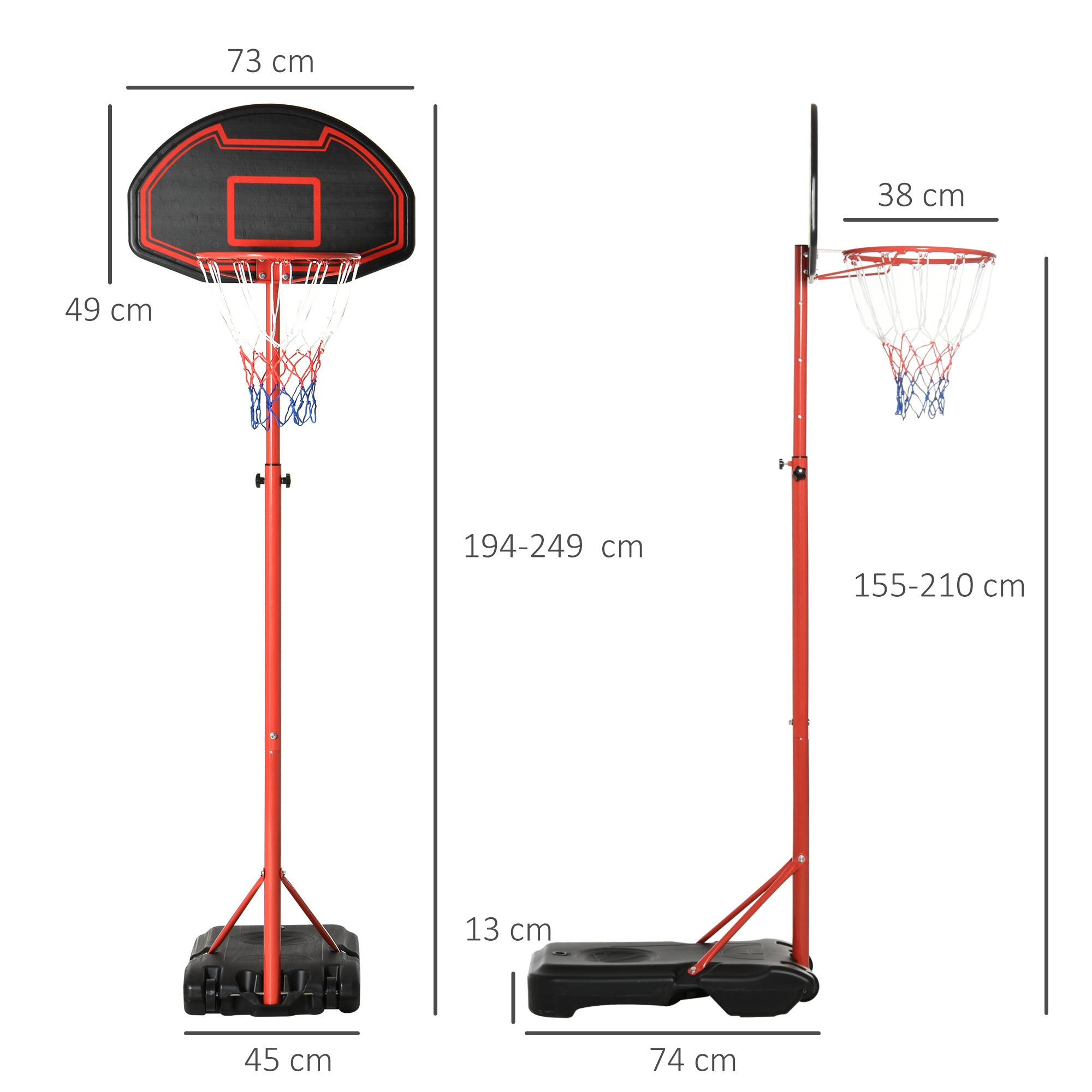 HOMCOM Outdoor Free Standing Basketball Stand Kids Fun Ball Games Net Hoop Garden Sports Backboard Portable Height Adjustable (1.55m-2.1m) w/ Wheels, Black - North Peak Garden Furniture