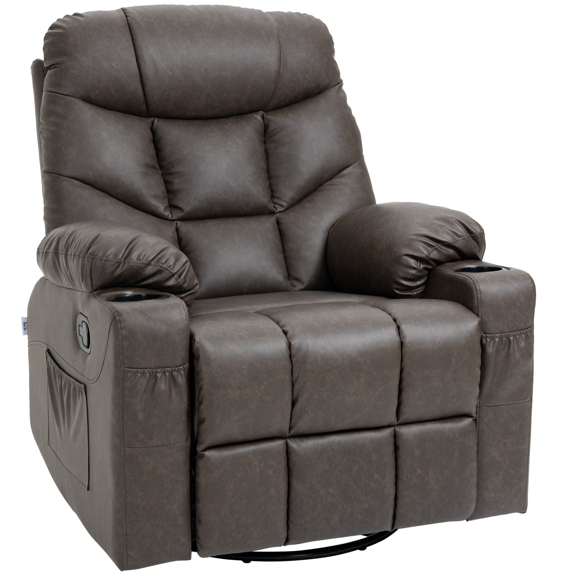 HOMCOM Manual Reclining Chair, Recliner Armchair with Faux Leather, Footrest, Cup Holders, 86x93x102cm, Brown - North Peak Garden Furniture