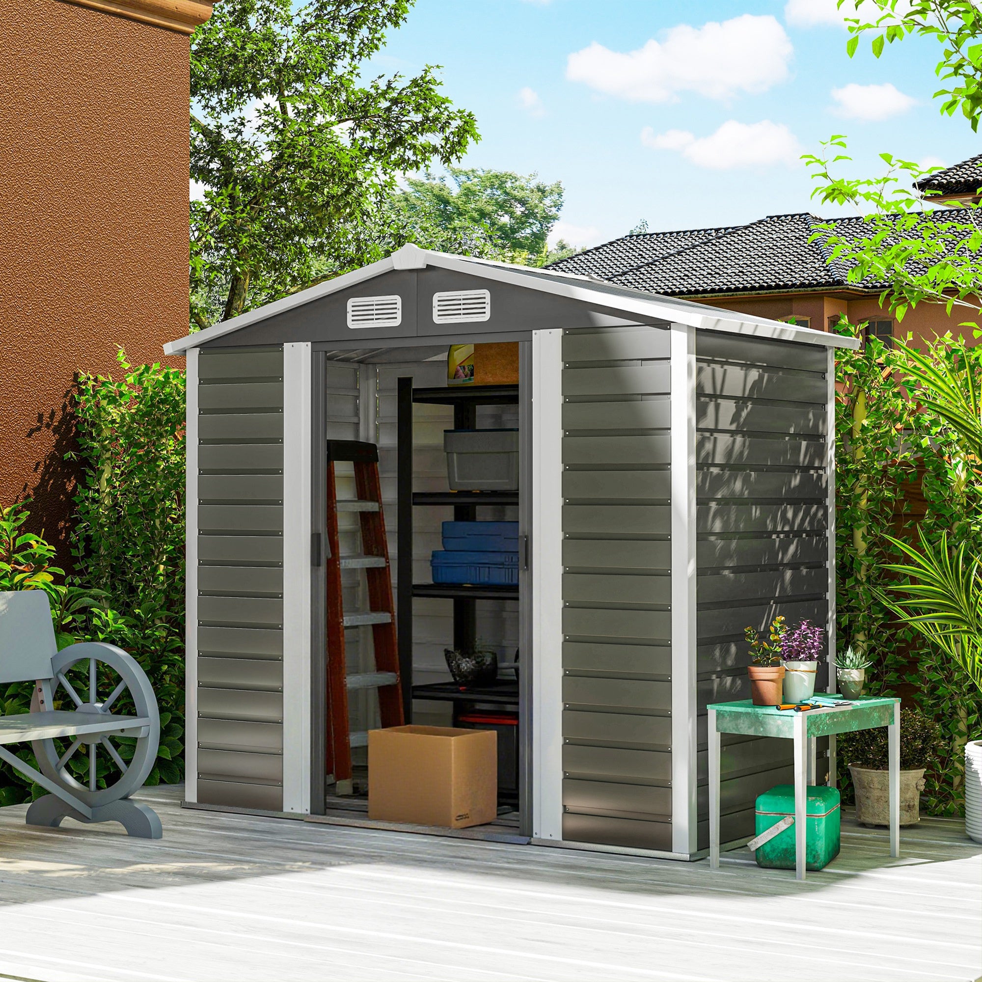 Outsunny 7 x 4ft Garden Shed, Easy to Assemble, Upgraded Galvanised Steel Frame with Foundation Kit, Double Doors with Lock, Outdoor Metal Shed with Vents and Gloves, Garden Storage Shed, Dark Grey