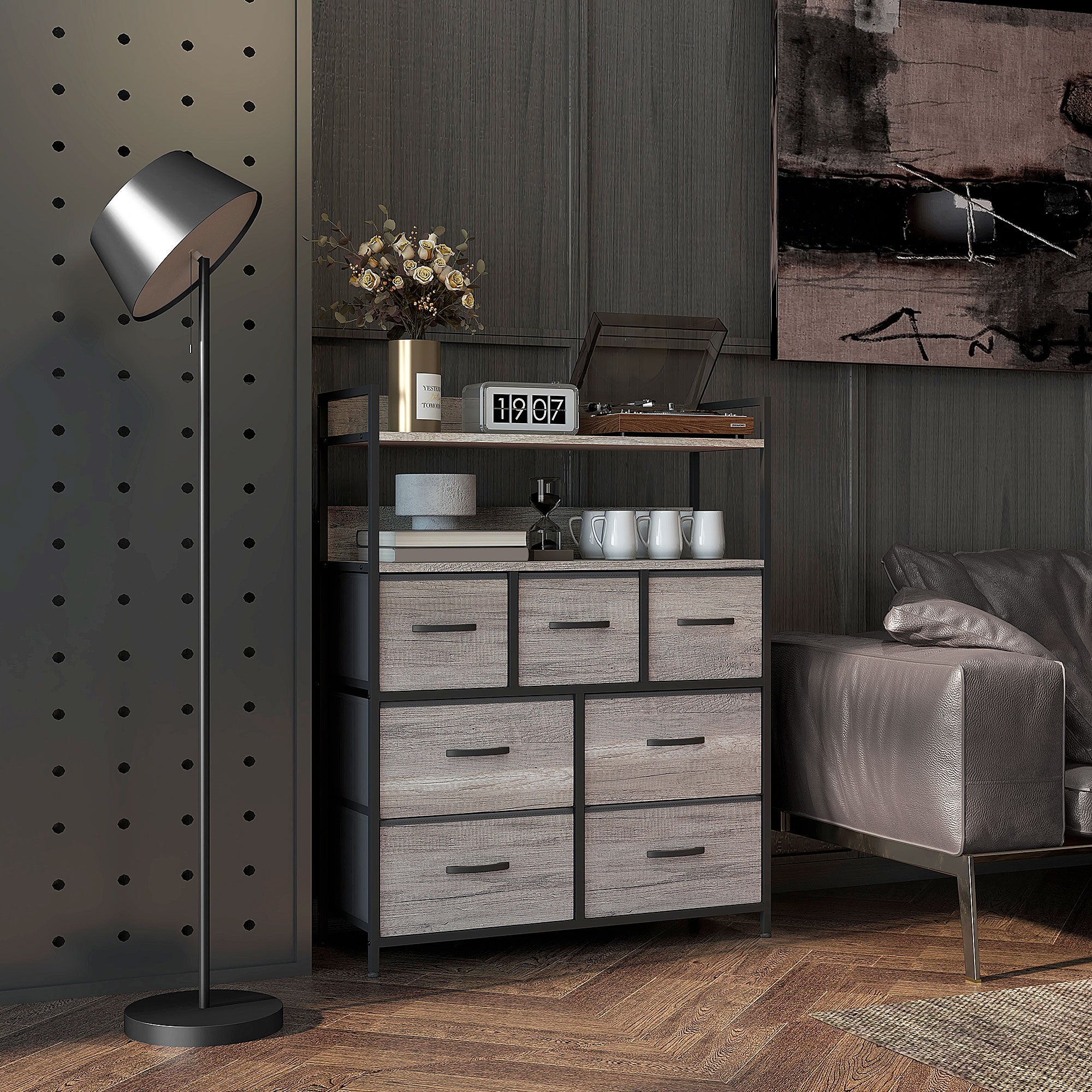 HOMCOM Rustic Chest of Seven Fabric Drawers - Grey Wood Effect - North Peak Garden Furniture