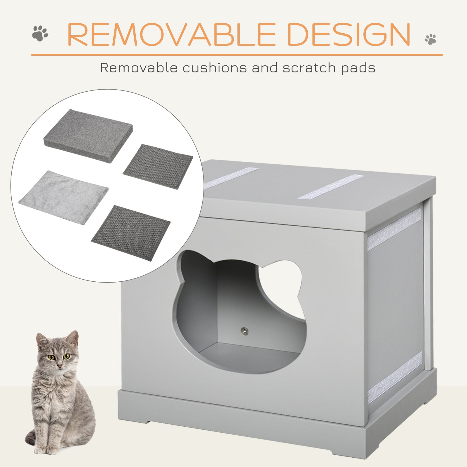 PawHut Cat House Bed Kitten Cave Cube Indoor for Small Pet with Removable Sisal Scratching Pads Soft Cushions, 41x30x36 cm, Grey - North Peak Garden Furniture