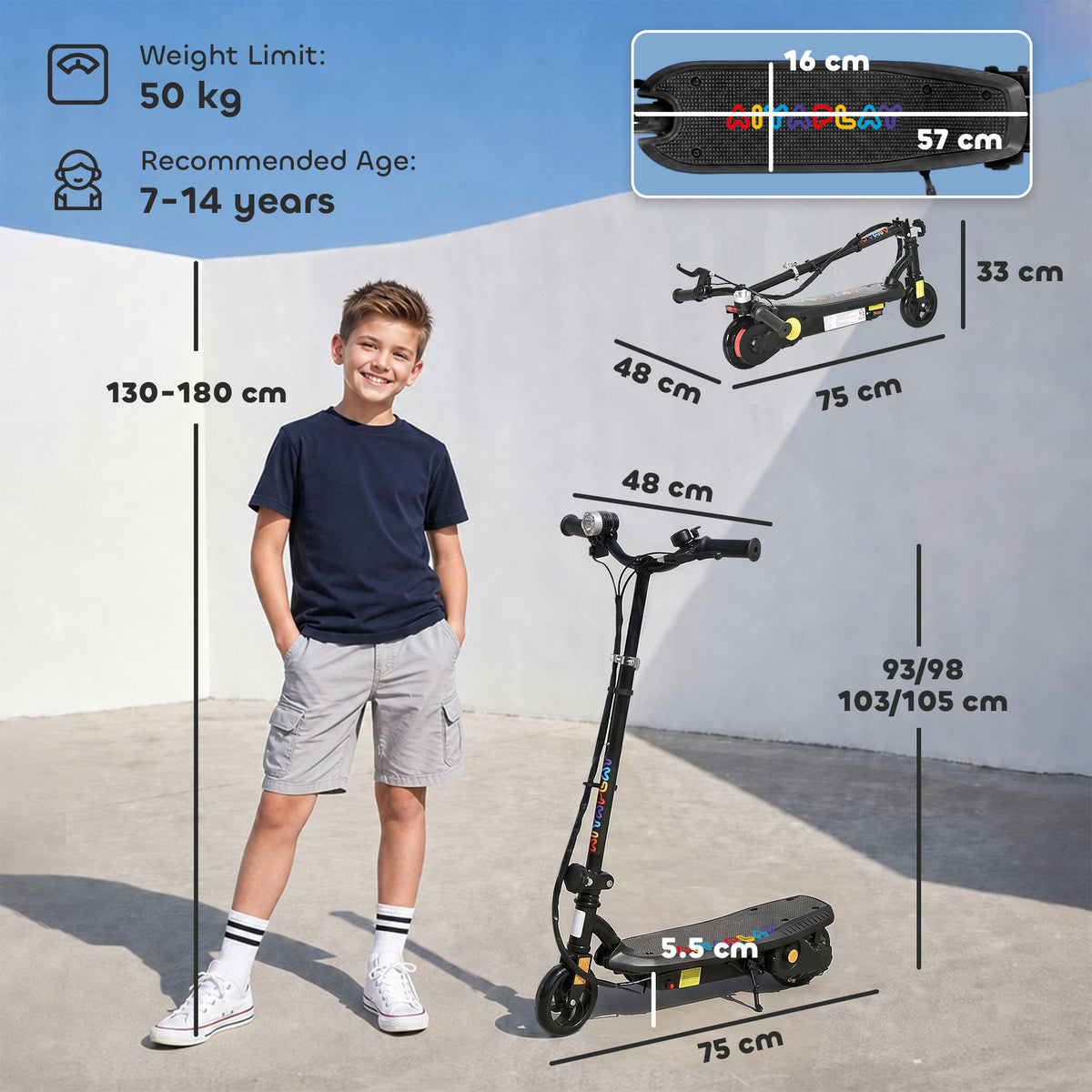 HOMCOM Foldable Electric Scooter, with LED Lights, for Ages 7-14 Years, Black
