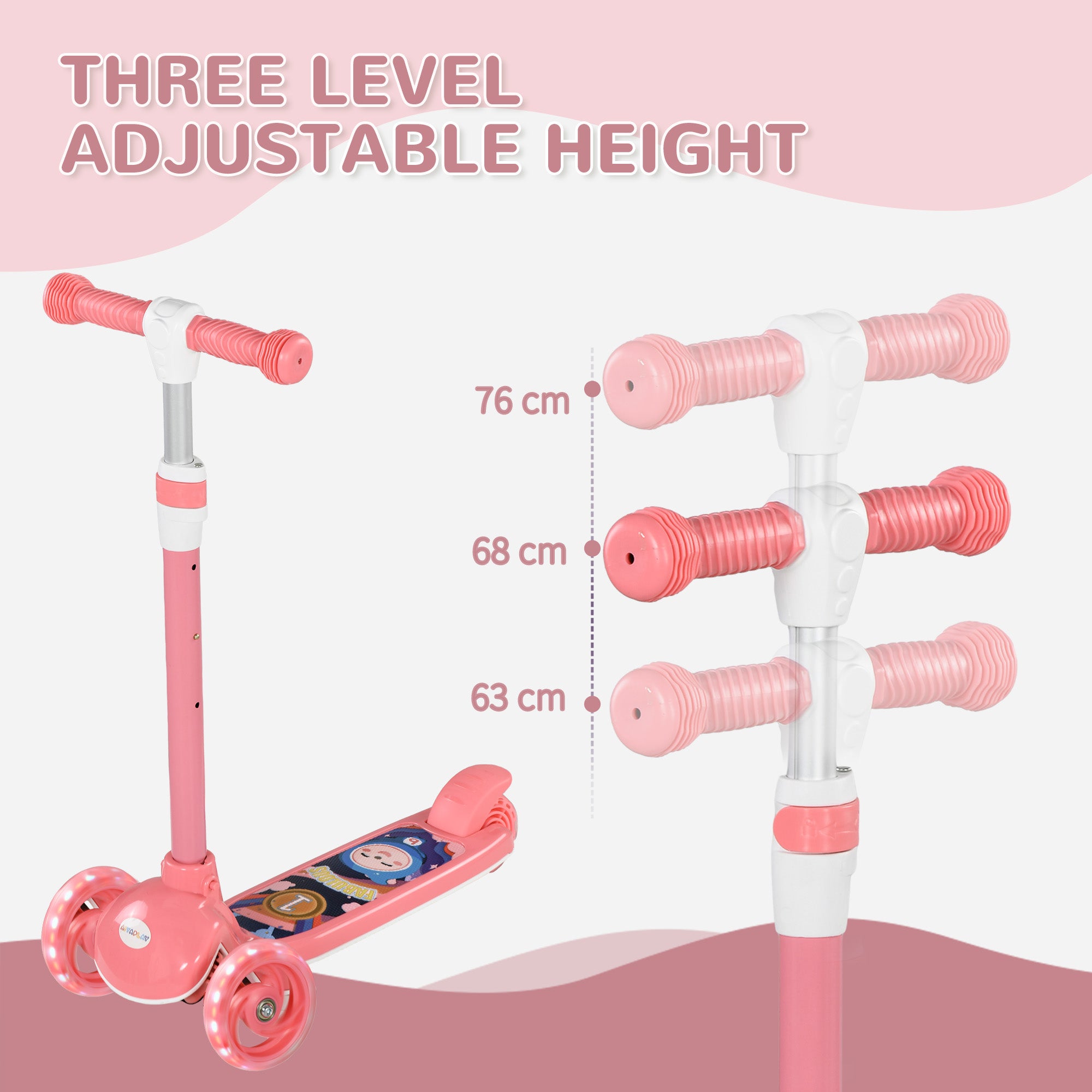 AIYAPLAY Kids 3 Wheel Scooter for 2-6 Years Old w/ Adjustable Height, LED Light, TPE Handlebar, Pink - North Peak Garden Furniture