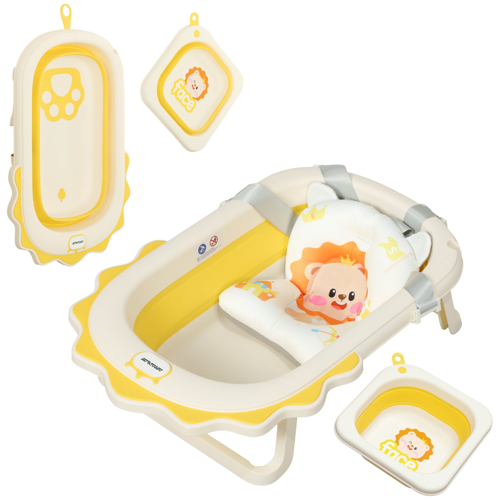 AIYAPLAY Foldable Baby Bath Tub Set with Bath Cushion, Wash Basin, Non-slip Stand & Bottom, Yellow - North Peak Garden Furniture