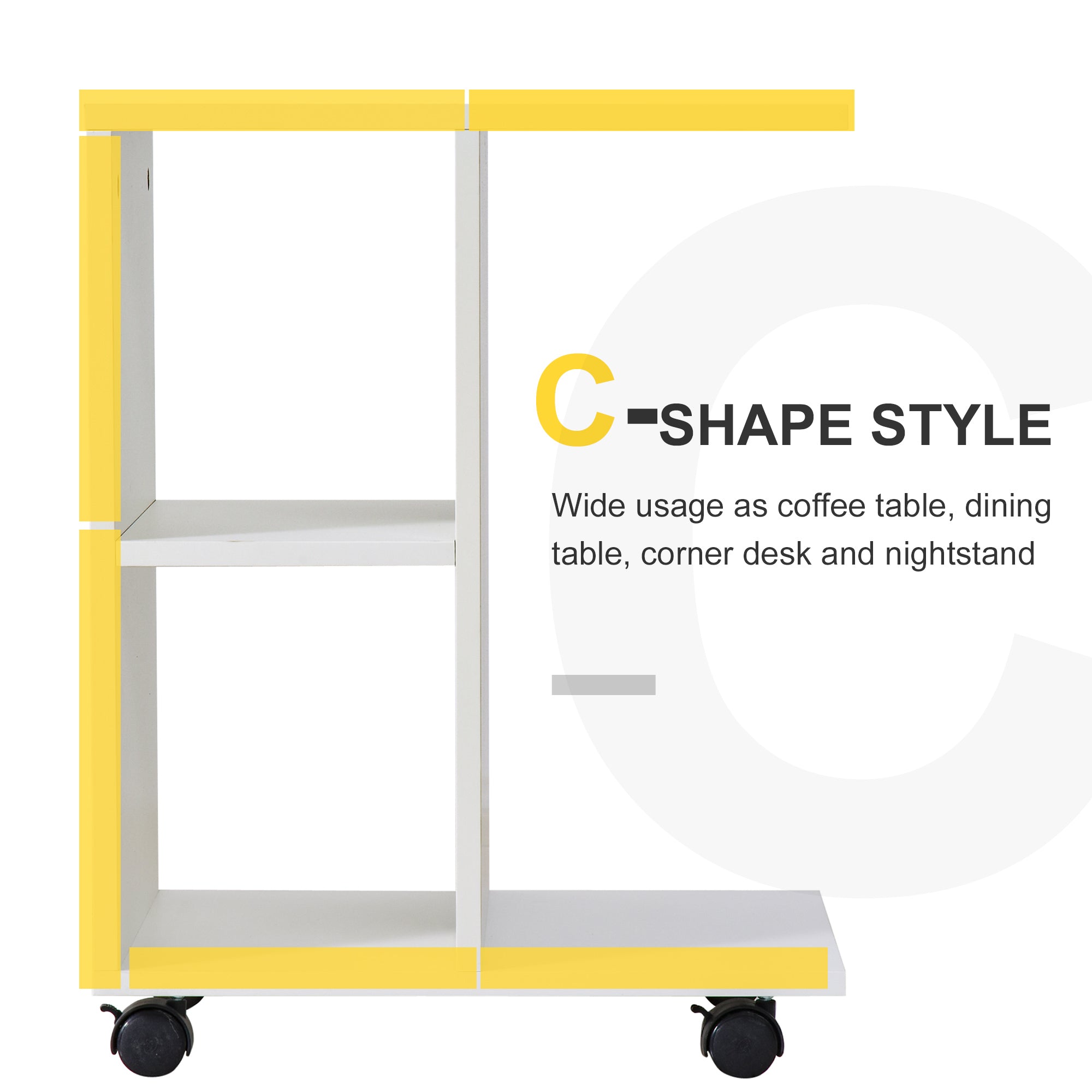 HOMCOM C-Shape End Table Unique Storage Unit w/ 2 Shelves 4 Wheels Freestanding Home Furniture Cabinet Square White - North Peak Garden Furniture