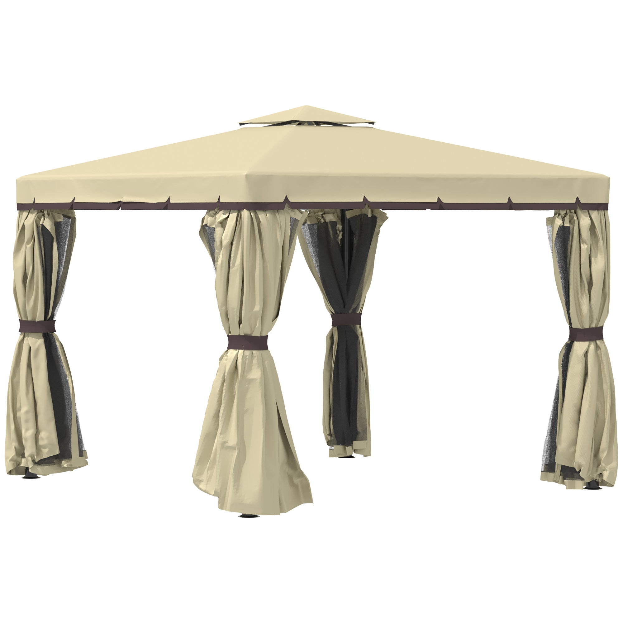 Outsunny 3 x 3(m) Patio Gazebo Canopy Garden Pavilion Tent Shelter with 2 Tier Water Repellent Roof, Mosquito Netting and Curtains, Aluminium Frame, Beige - North Peak Garden Furniture