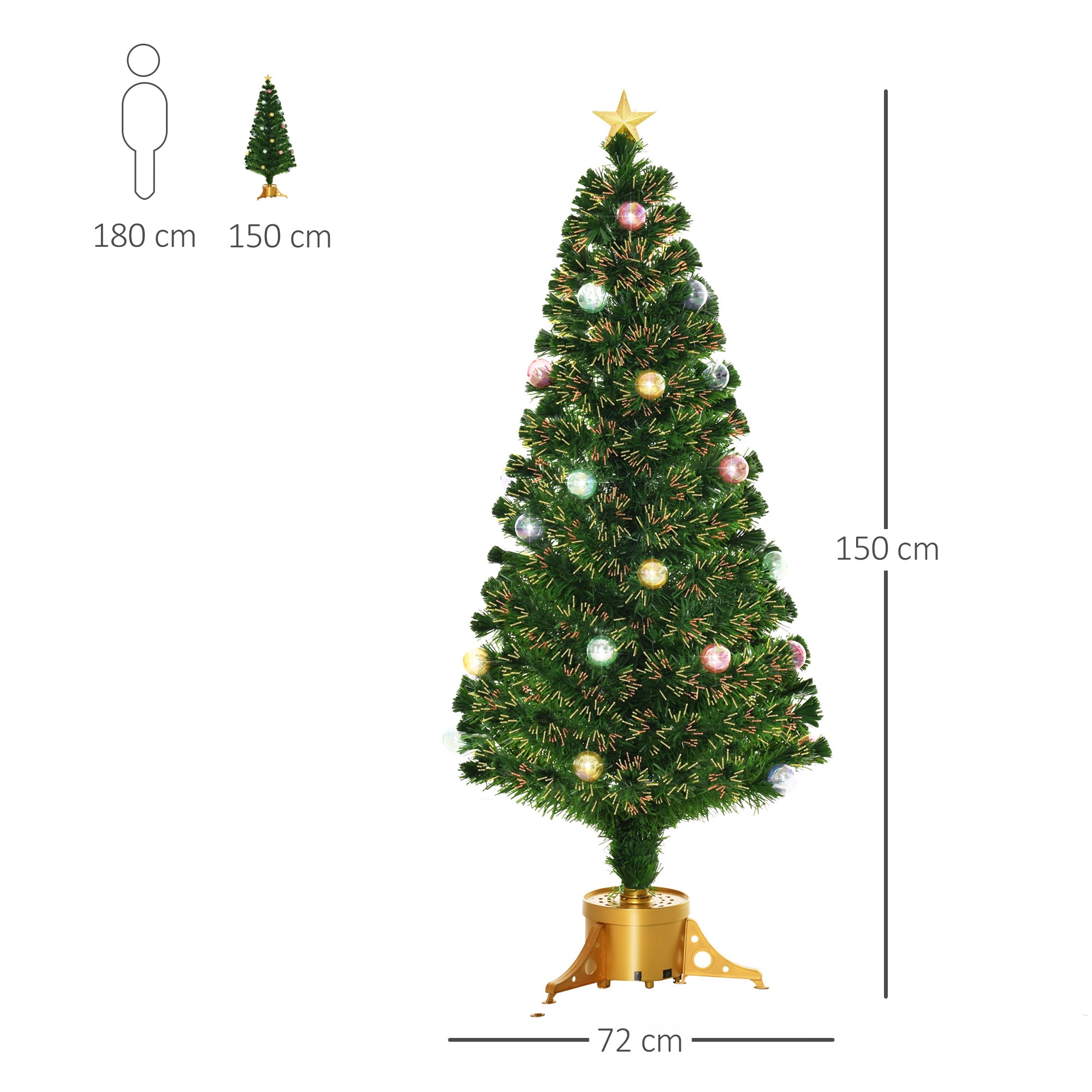 HOMCOM 5FT Prelit Artificial Christmas Tree with Fibre Optics, Baubles Decoration, Golden Pot for Holiday, Home - Green - North Peak Garden Furniture