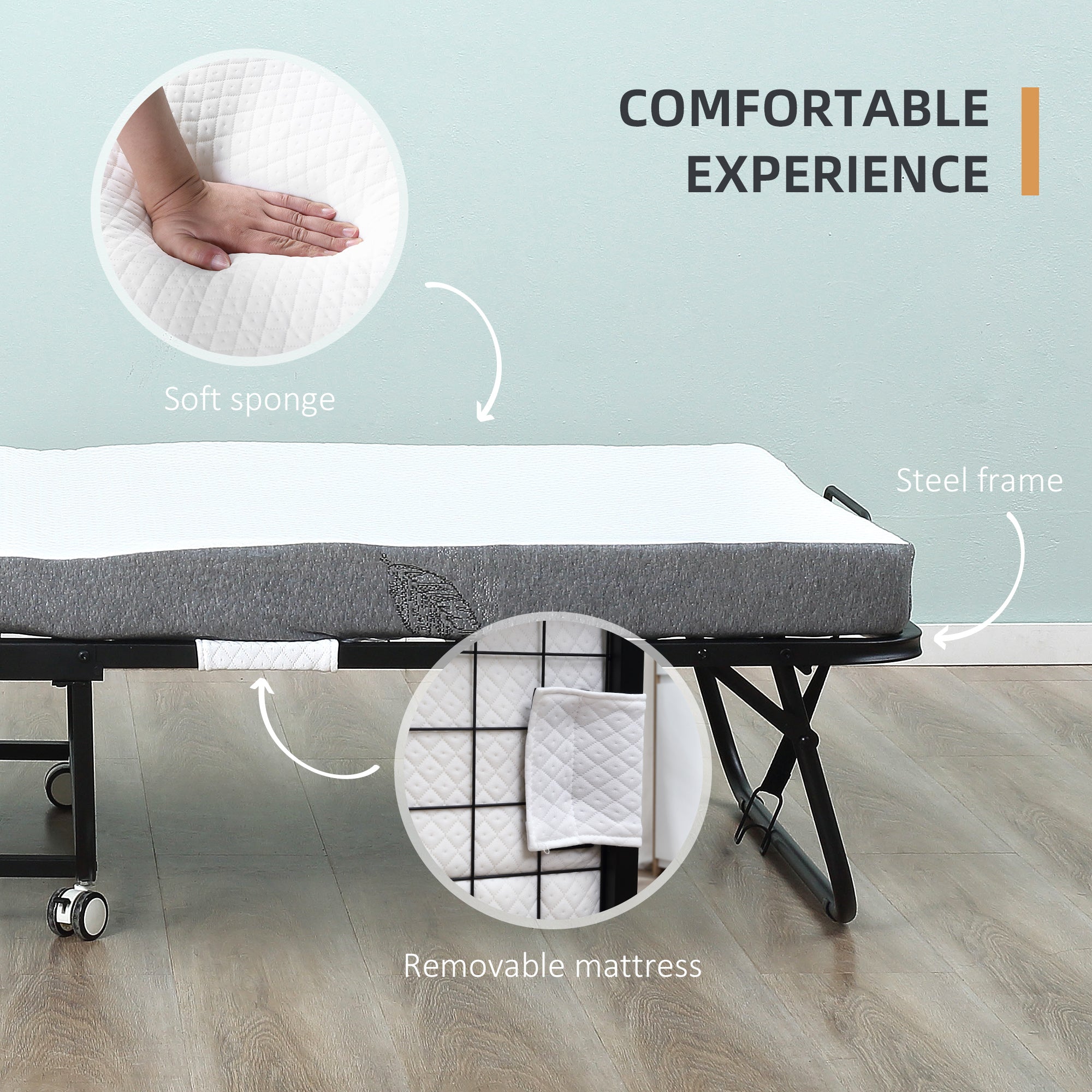 HOMCOM Folding Bed with 10cm Mattress, Portable Foldable Guest Bed with Sturdy Metal Frame on Wheels - North Peak Garden Furniture