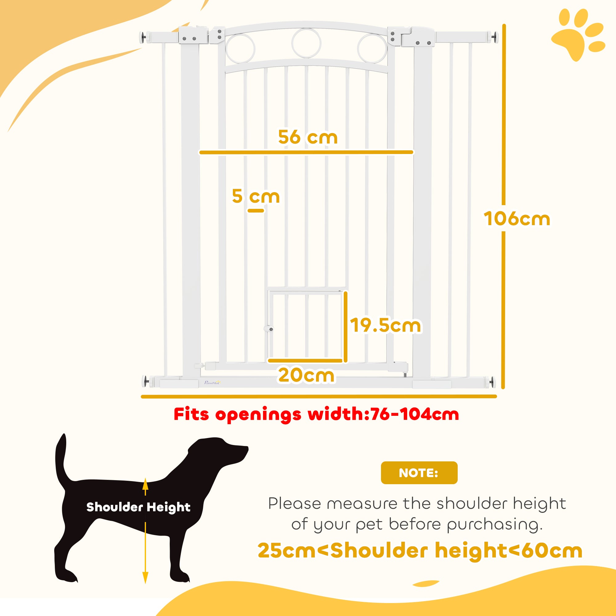 PawHut 106cm Tall Dog Gate with Cat Door, 7cm and 14cm Extensions, for Stairs, Doorways, 76-104cm Width