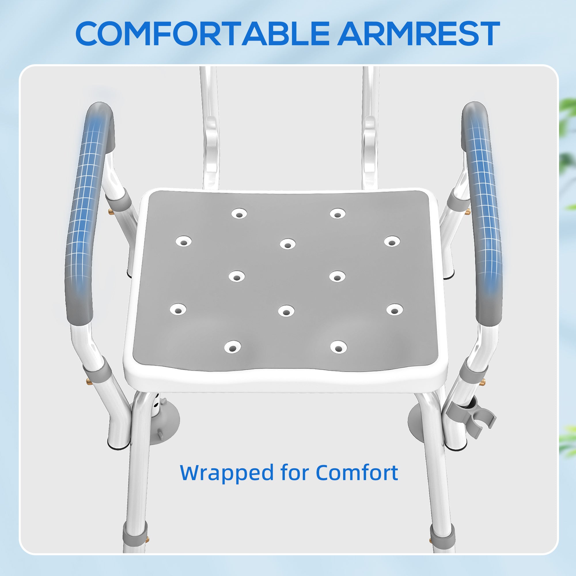 HOMCOM EVA Padded Shower Chair for the Elderly and Disabled, Height Adjustable Shower Stool with Back and Arms, 4 Suction Foot Pads, Light Grey
