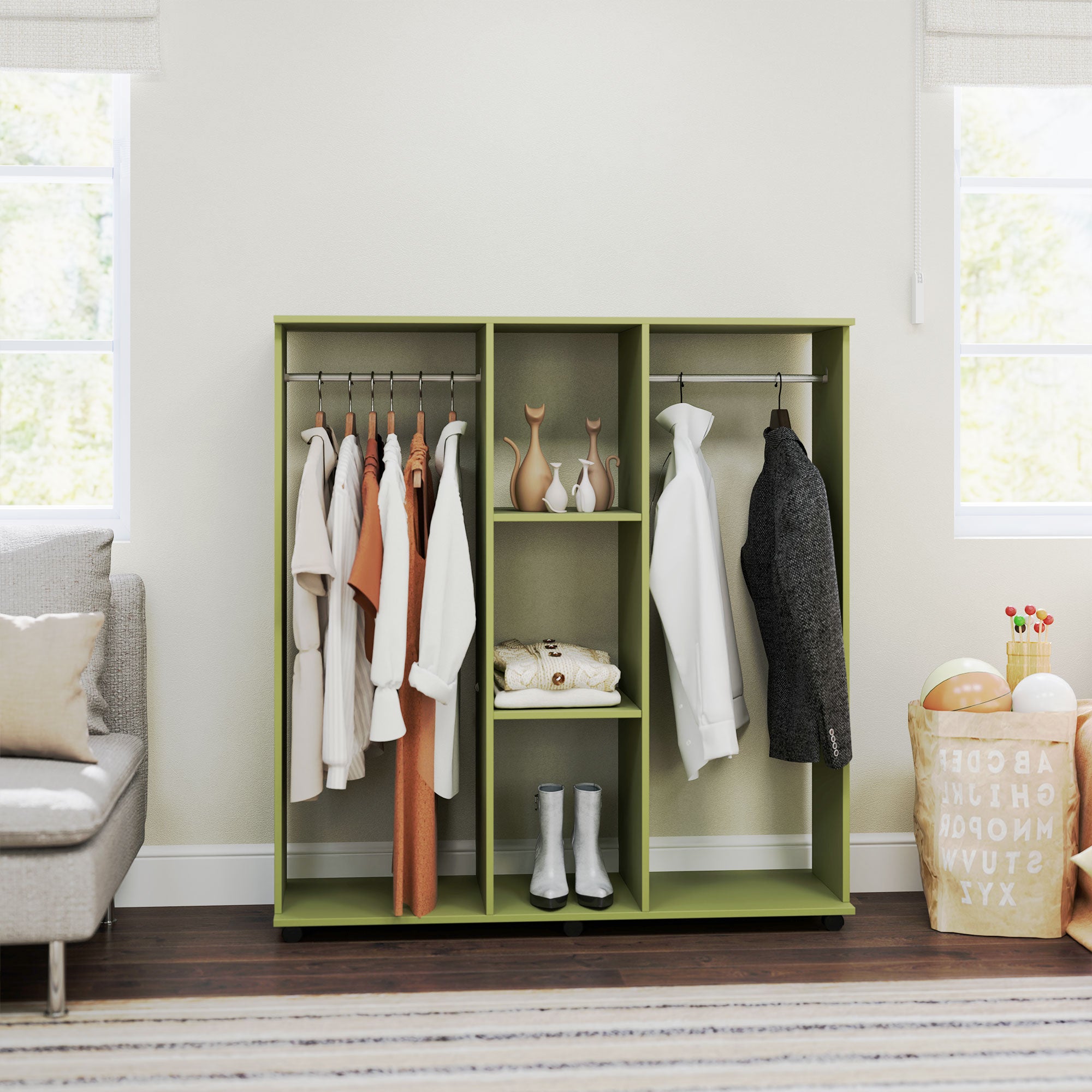 HOMCOM Open Wardrobe Double Mobile Storage Shelves Organizer W/6 Wheels-Green - North Peak Garden Furniture