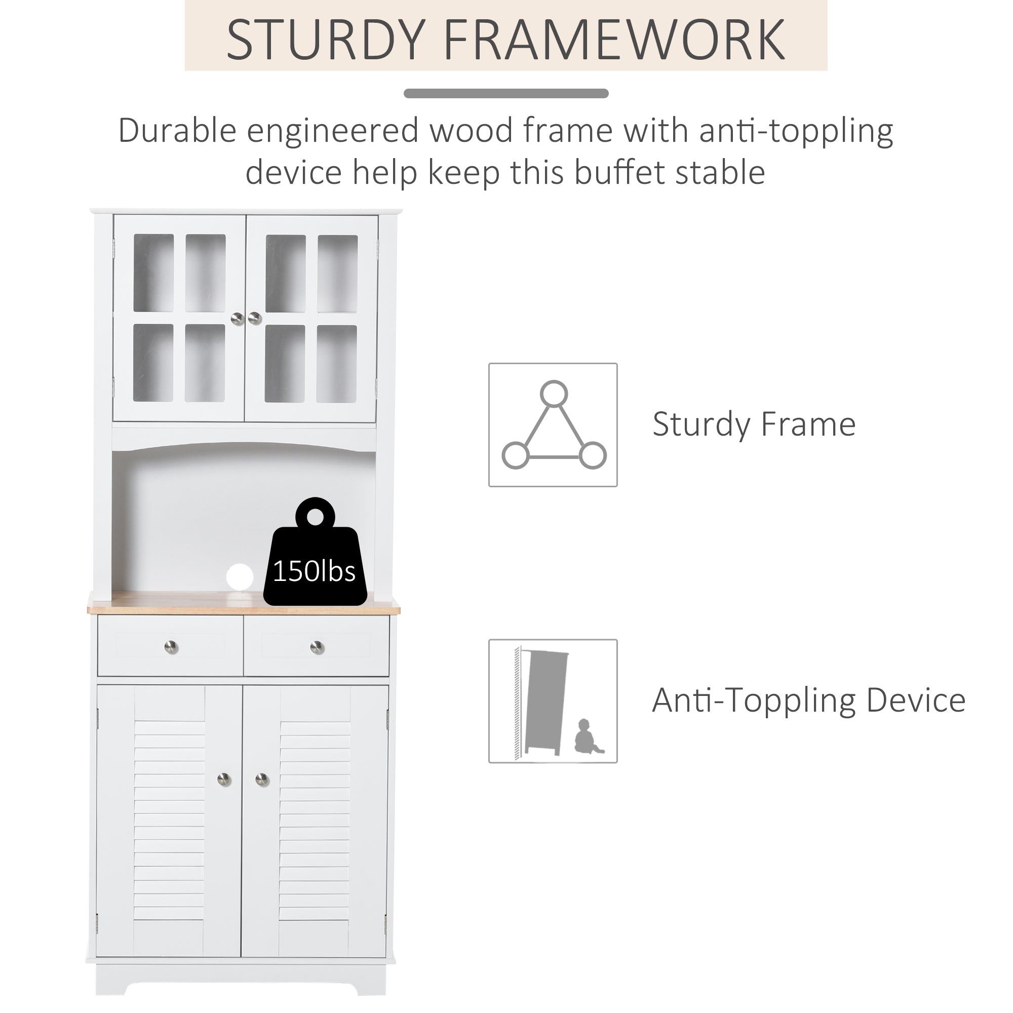 HOMCOM Modern Kitchen Cupboard, Louvered Kitchen Storage Cabinet with Framed Glass Doors and 2 Drawers, White