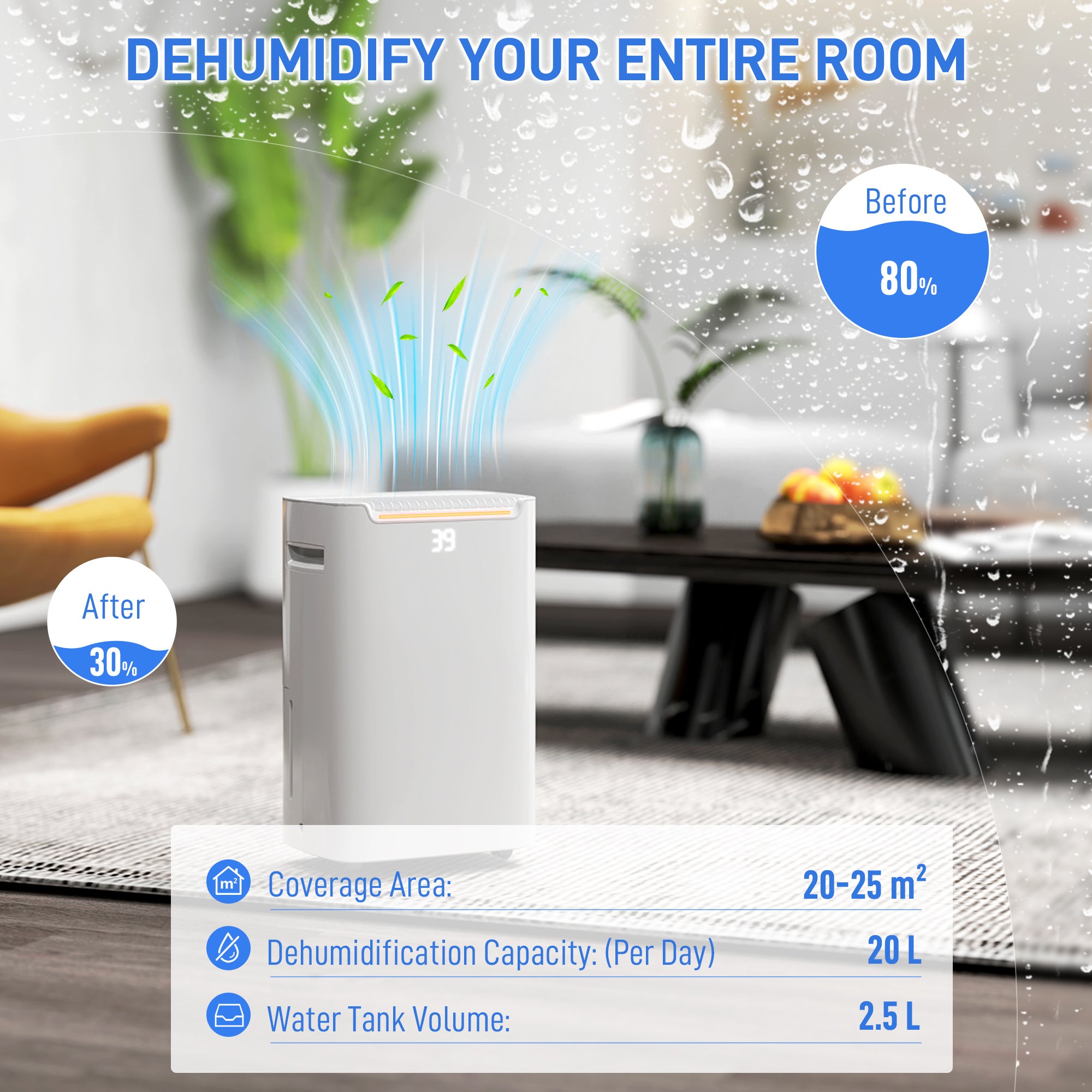 HOMCOM 20L/Day Dehumidifier with Continuous Drainage, 2.5L Water Tank, 24H Timer On/off, Digital Humidity Display, Air Filter, Dehumidifier for Home Damp, Bedroom, Condensation, Mould, Laundry Drying - North Peak Garden Furniture