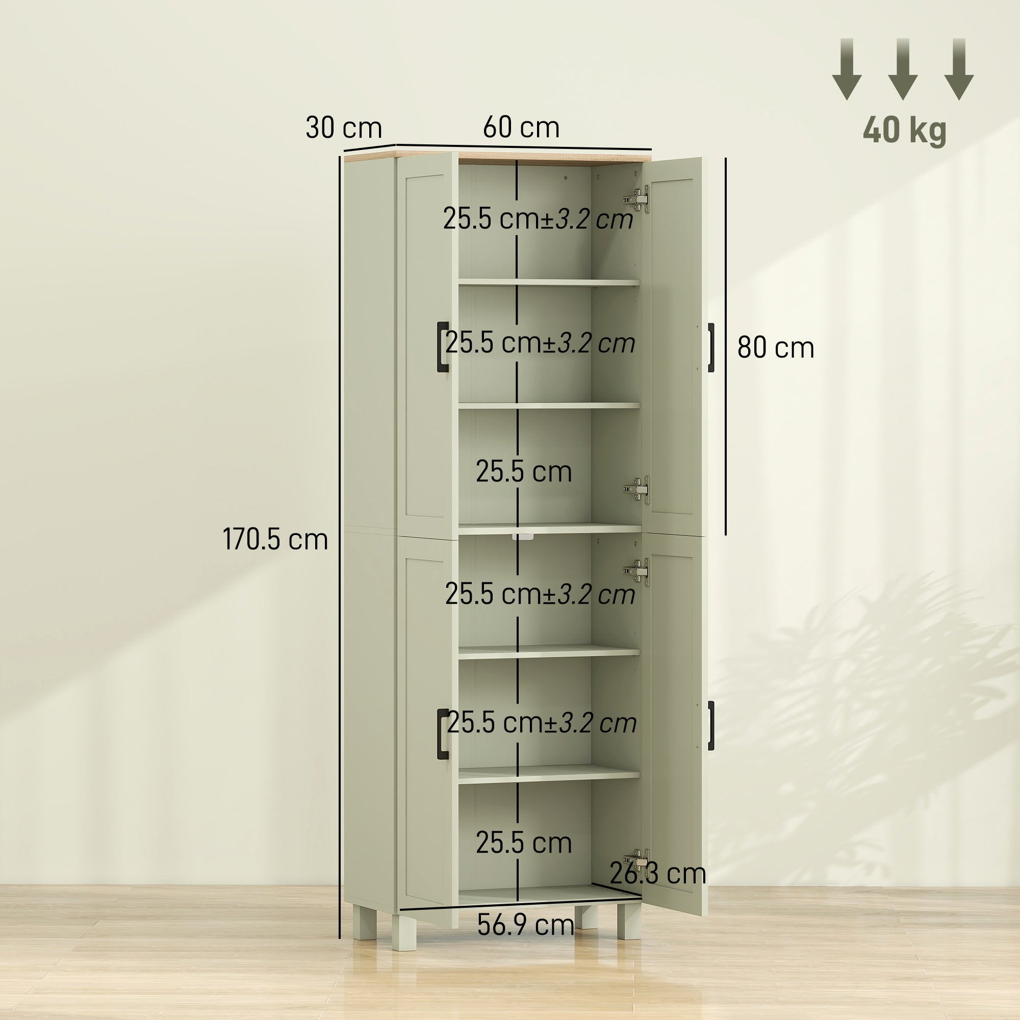 HOMCOM Freestanding Kitchen Cupboard, 4-Door Storage Cabinet with Adjustable Shelves, Modern Kitchen Pantry, 170cm, Green