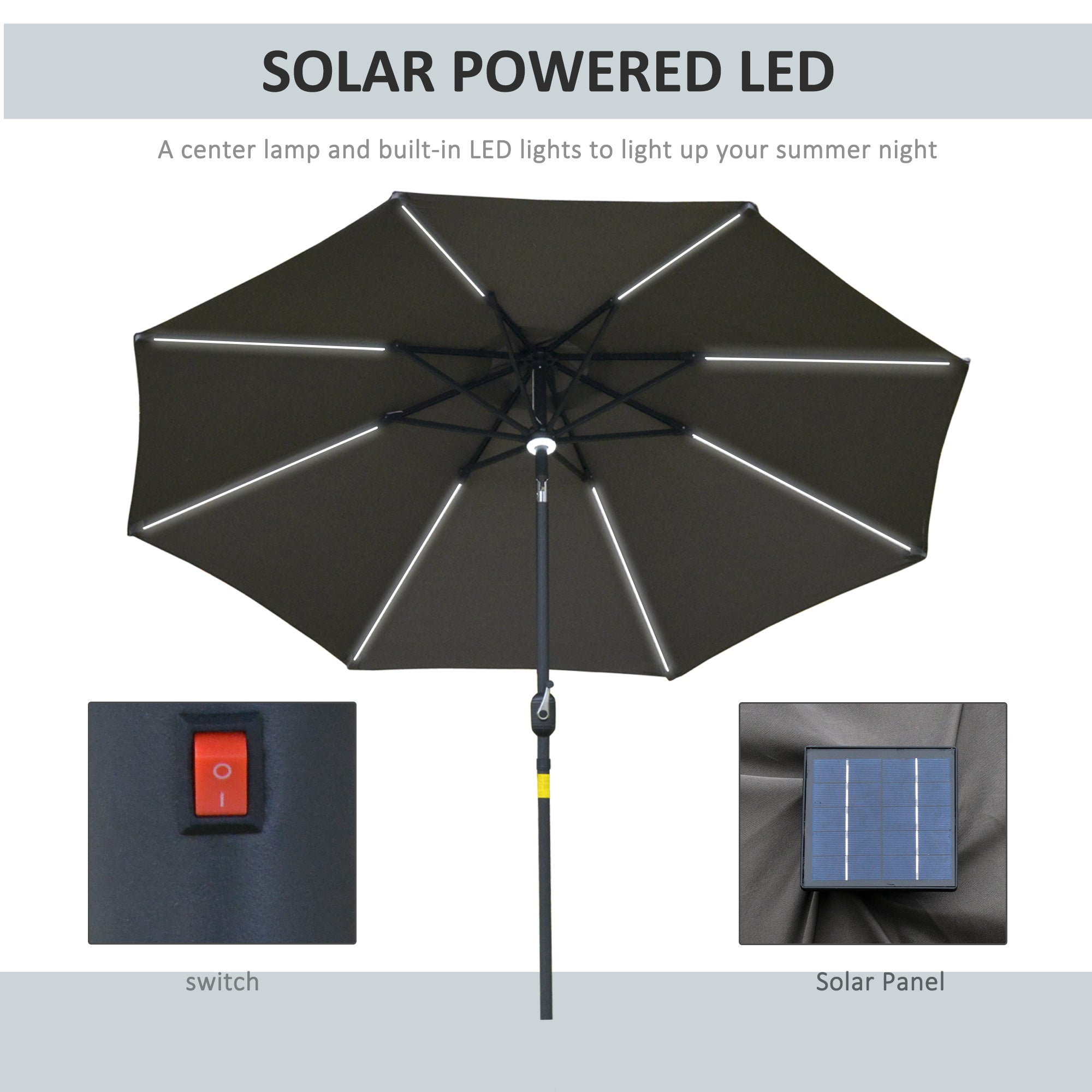 Outsunny 2.7m Garden Parasol Sun Umbrella w/ LED Solar Light Angled Canopy Grey - North Peak Garden Furniture