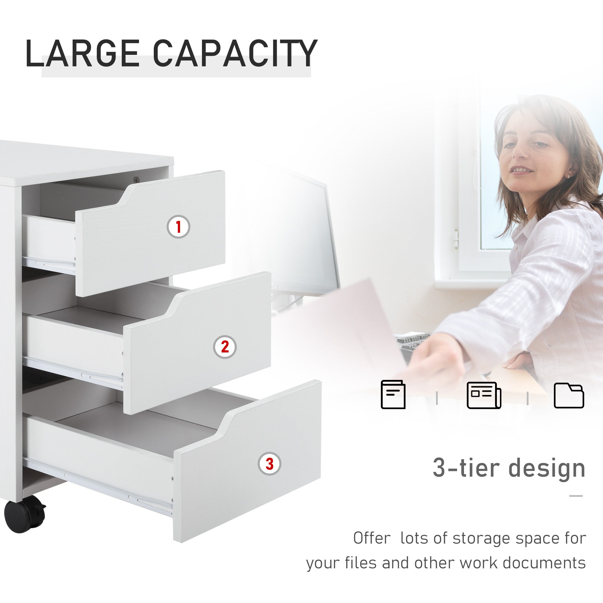HOMCOM 3 Drawer Mobile File Cabinet, Vertical Filing Cabinet with Wheels for Home Office, White - North Peak Garden Furniture