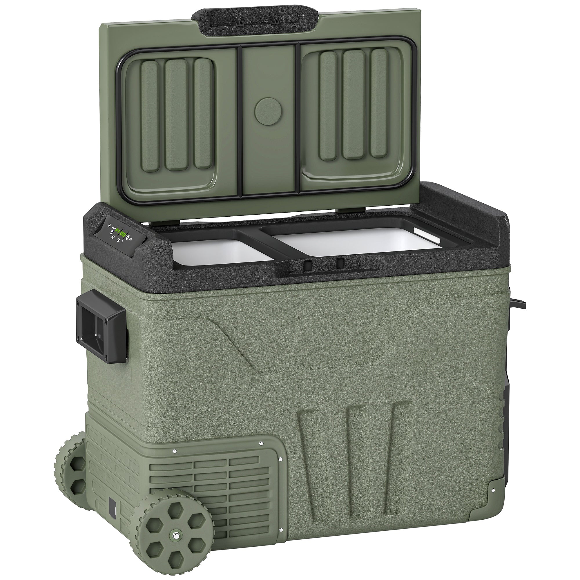 Outsunny 45L Camping Fridge Freezer Dual Zone, Portable Car Fridge 12V/24V DC & 100-240V AC, Electric Cool Box -20℃-20℃ with Wheels and LED Light, for Travel, RV, Road Trip, Picnic - North Peak Garden Furniture