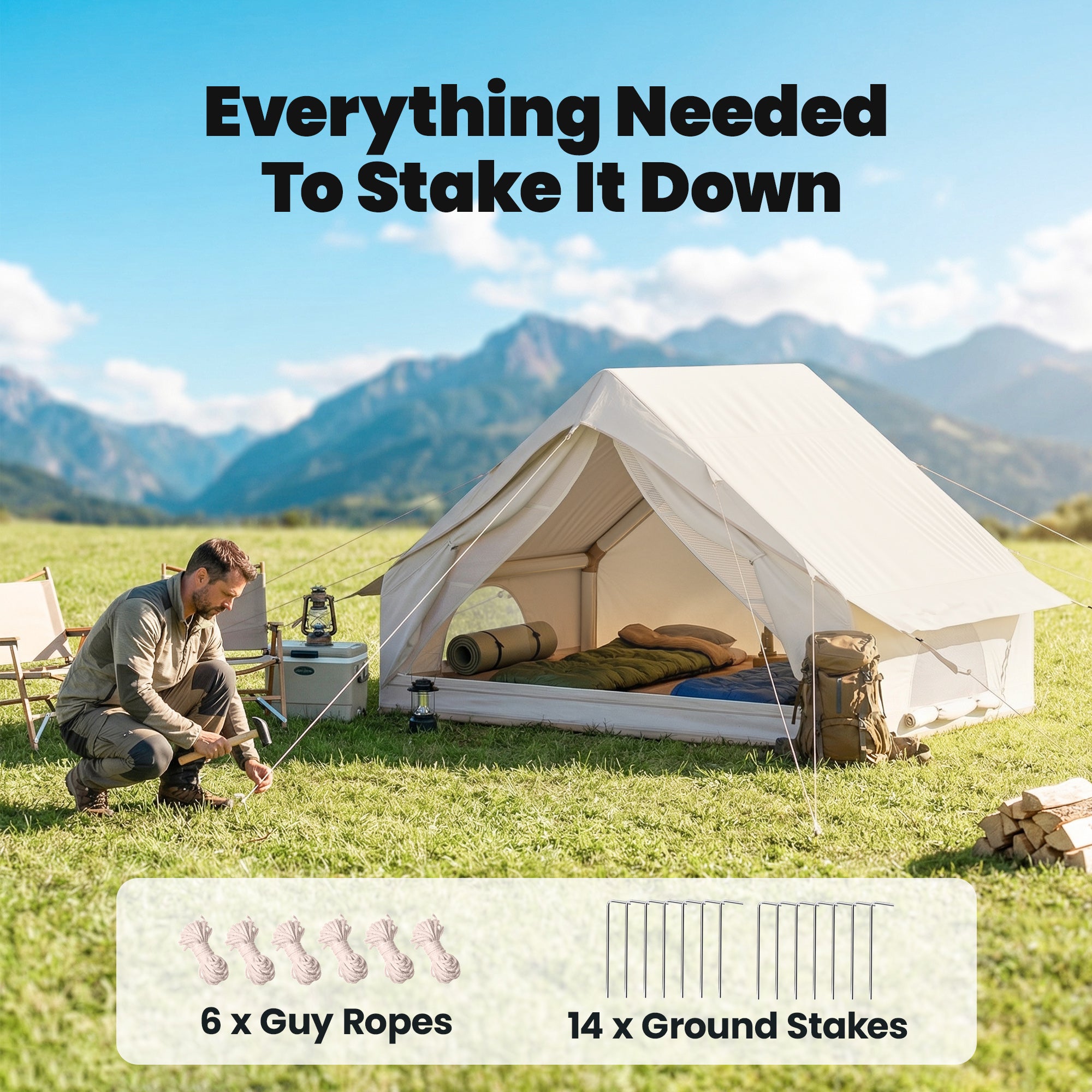 Outsunny Inflatable Tent Waterproof for Camping Blow Up Tent with Pump Carry Bag for 2-4 Person, Beige