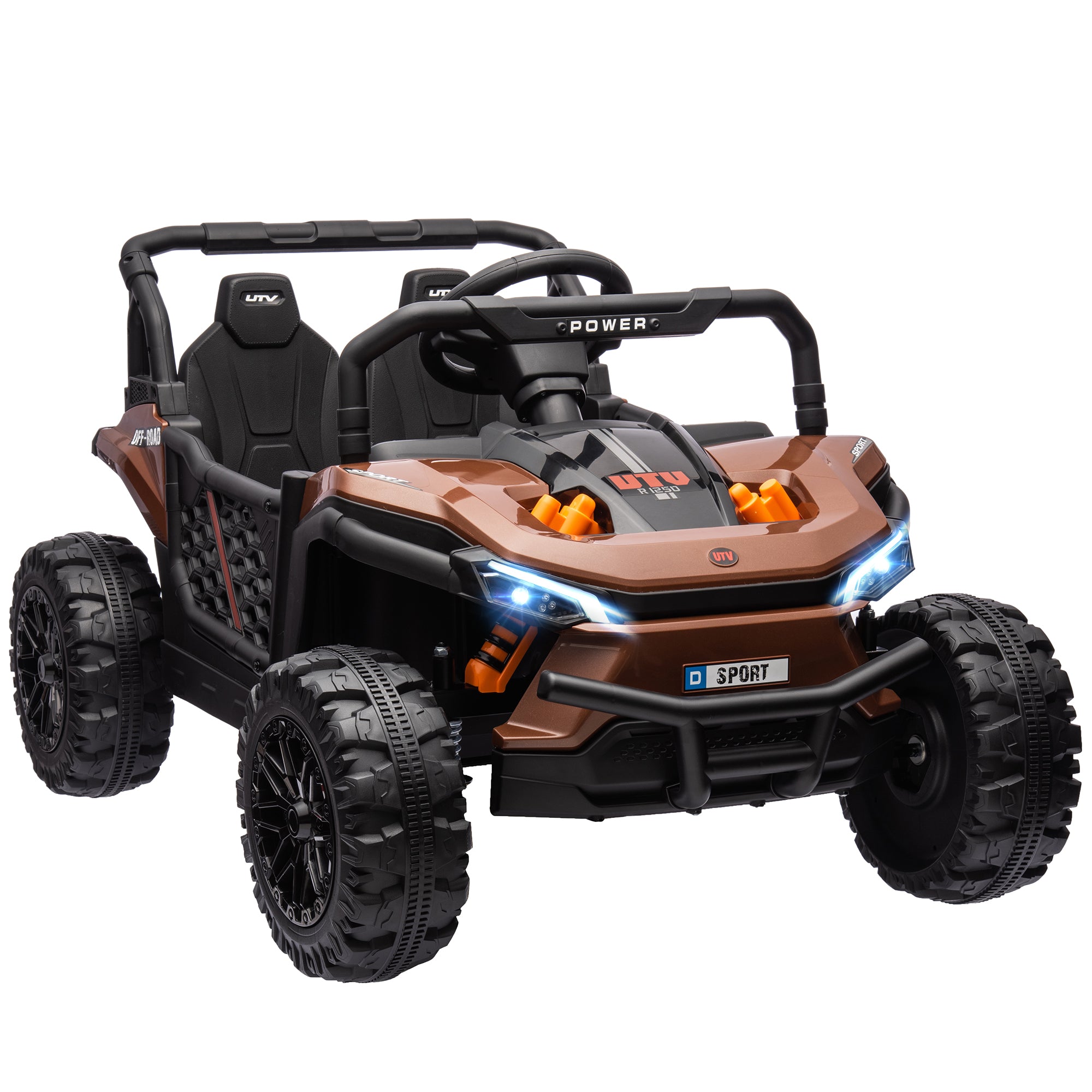 AIYAPLAY 12V Battery Powered Ride on Truck w/ Remote, 4 Suspension Wheels, Horn Lights Music USB, for 3-5 Years Old - Brown