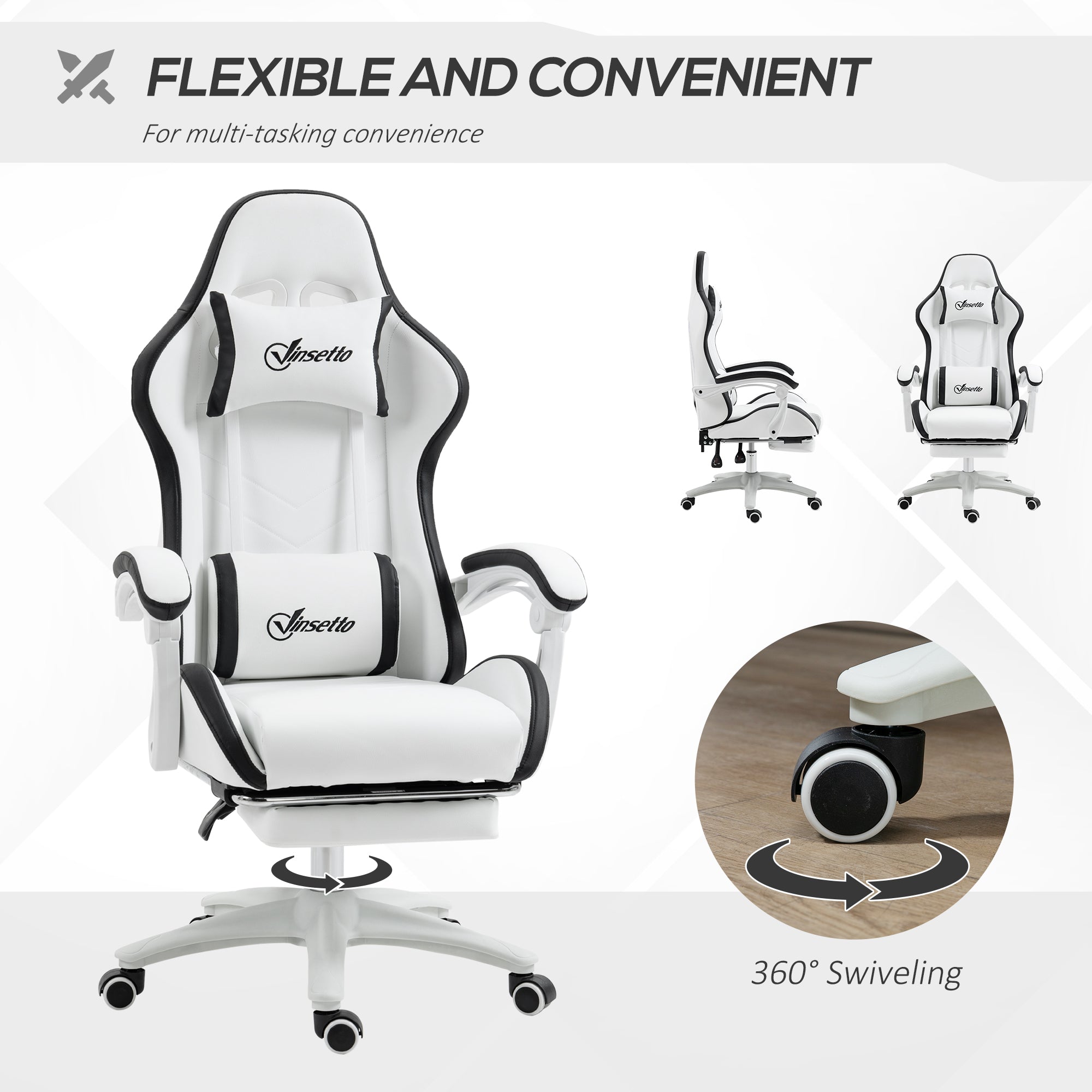 Vinsetto Computer Gaming Chair, PU Leather Desk Chair with Footrest, Swivel Task Chair with 135° Reclining Back and Lumbar Support, PC Chair for Adults, White and Black - North Peak Garden Furniture