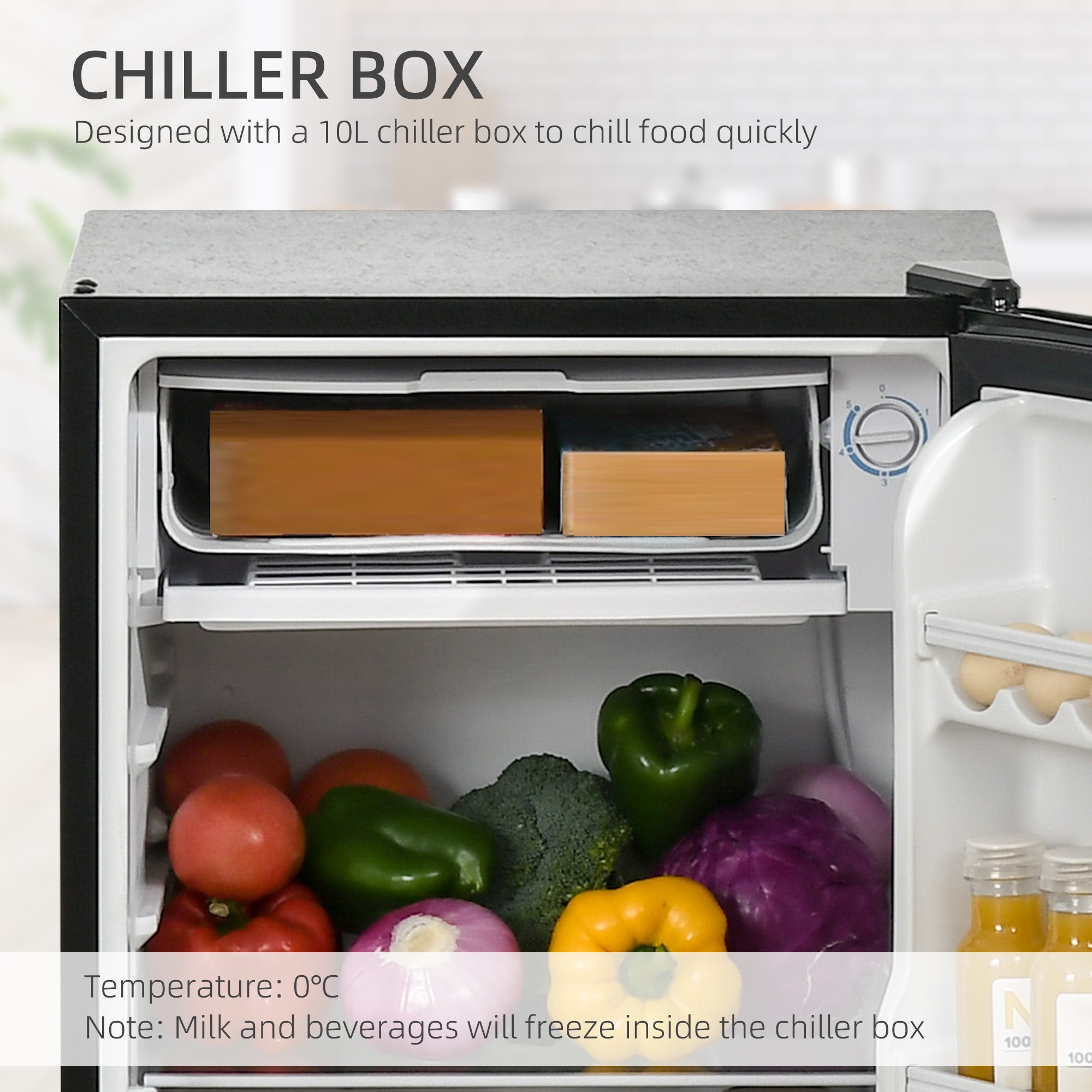 HOMCOM 91 Litre Freestanding Under Counter Fridge Freezer with Chiller Box, Reversible Door, Adjustable Thermostat, 47.5cm Wide, Noise Level: Decibels 40, Black - North Peak Garden Furniture