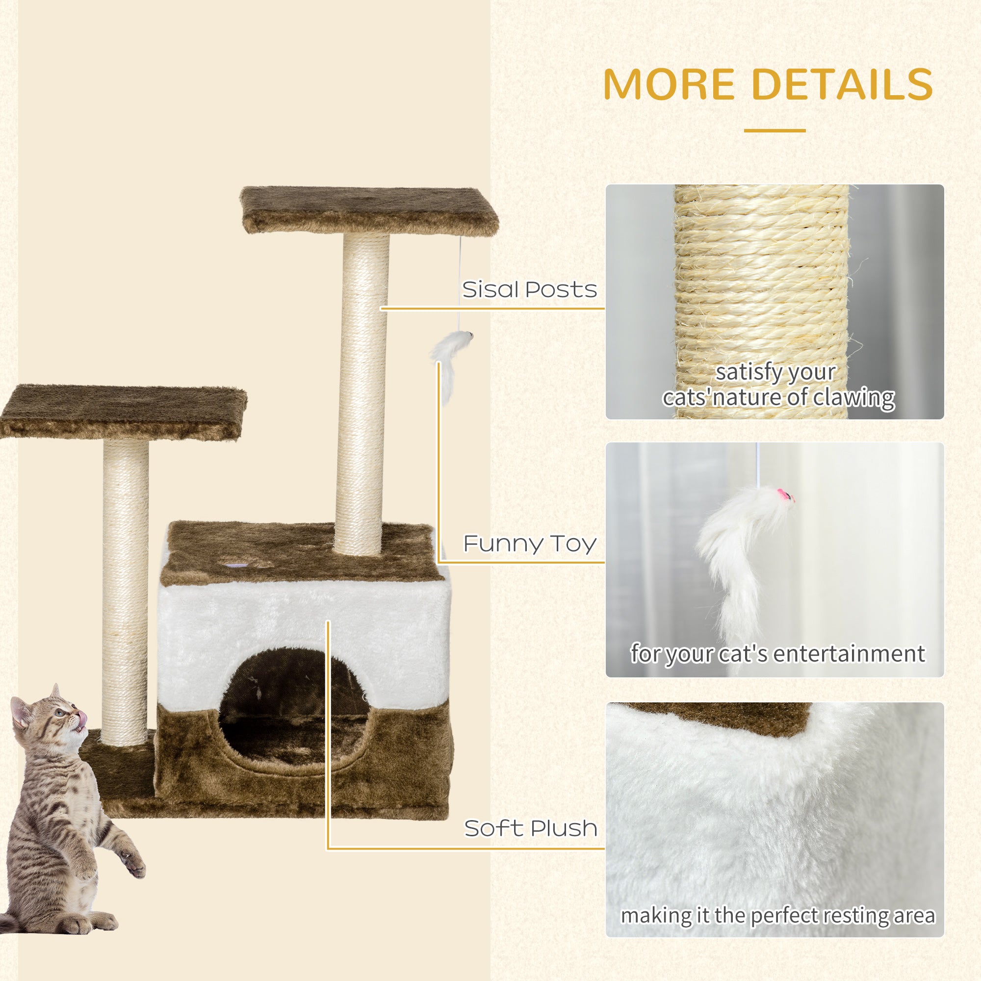 PawHut Cat Tree Tower for Indoor Cats Kitten House Scratching Posts with Condo Perch Interactive Mouse Toy, 45 x 33 x 70 cm, Brown - North Peak Garden Furniture