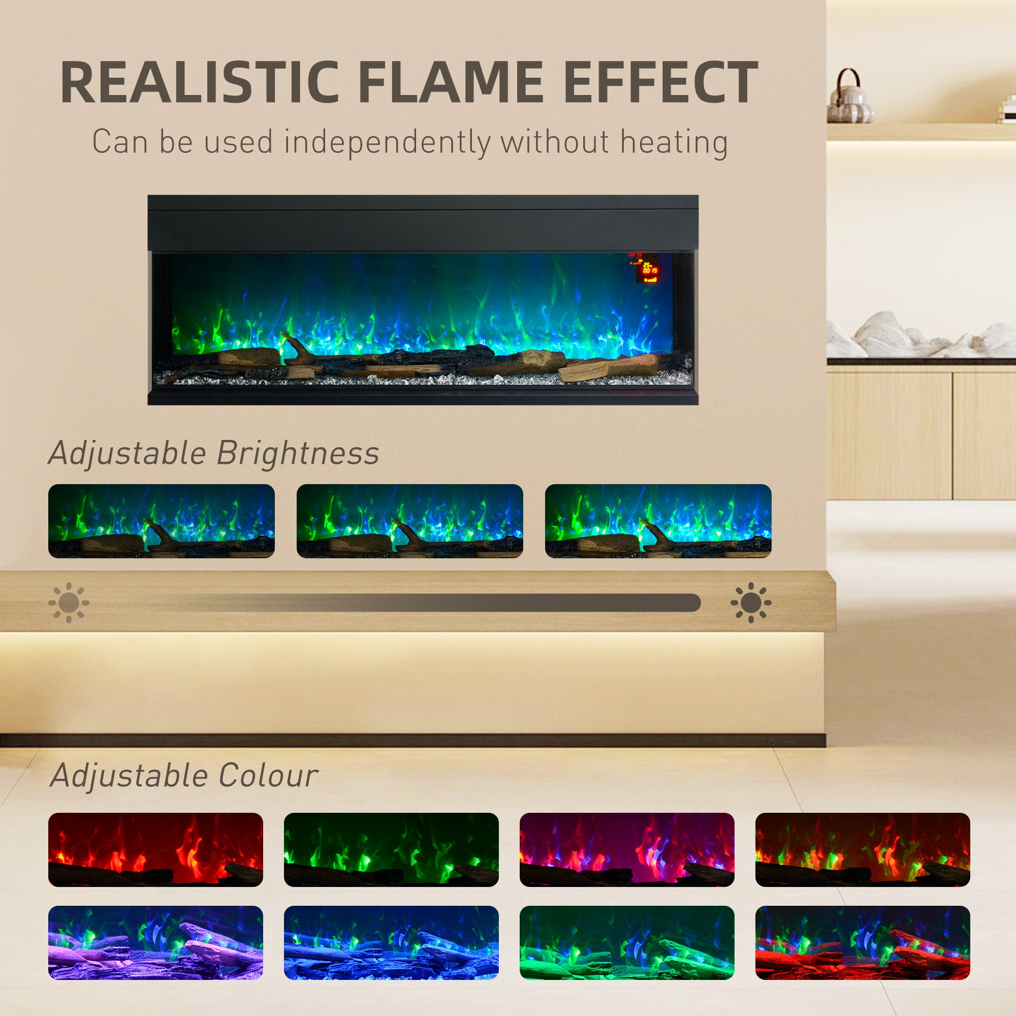 HOMCOM 1800W 15-40℃ Adjustable Flame Glass Panel Convector Heater, 127cm - North Peak Garden Furniture