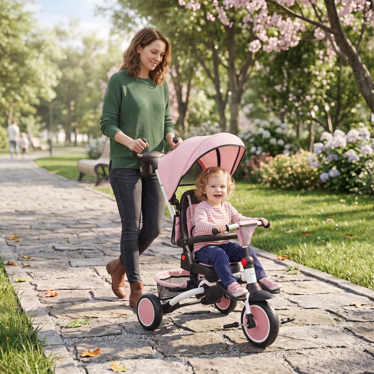 AIYAPLAY 6 in 1 Foldable Kids Trike with Adjustable Parent Handle & Canopy for Ages 1-5, Pink