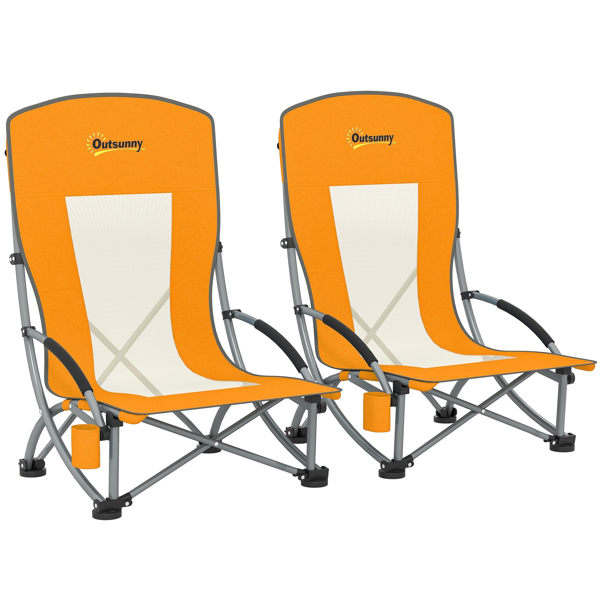 Outsunny Set of 2 Folding Beach Chair, Low Camping Chair with Mesh Back, Carry Bag and Cup Holder for Garden Outdoor Picnic Festival Travel, Orange - North Peak Garden Furniture