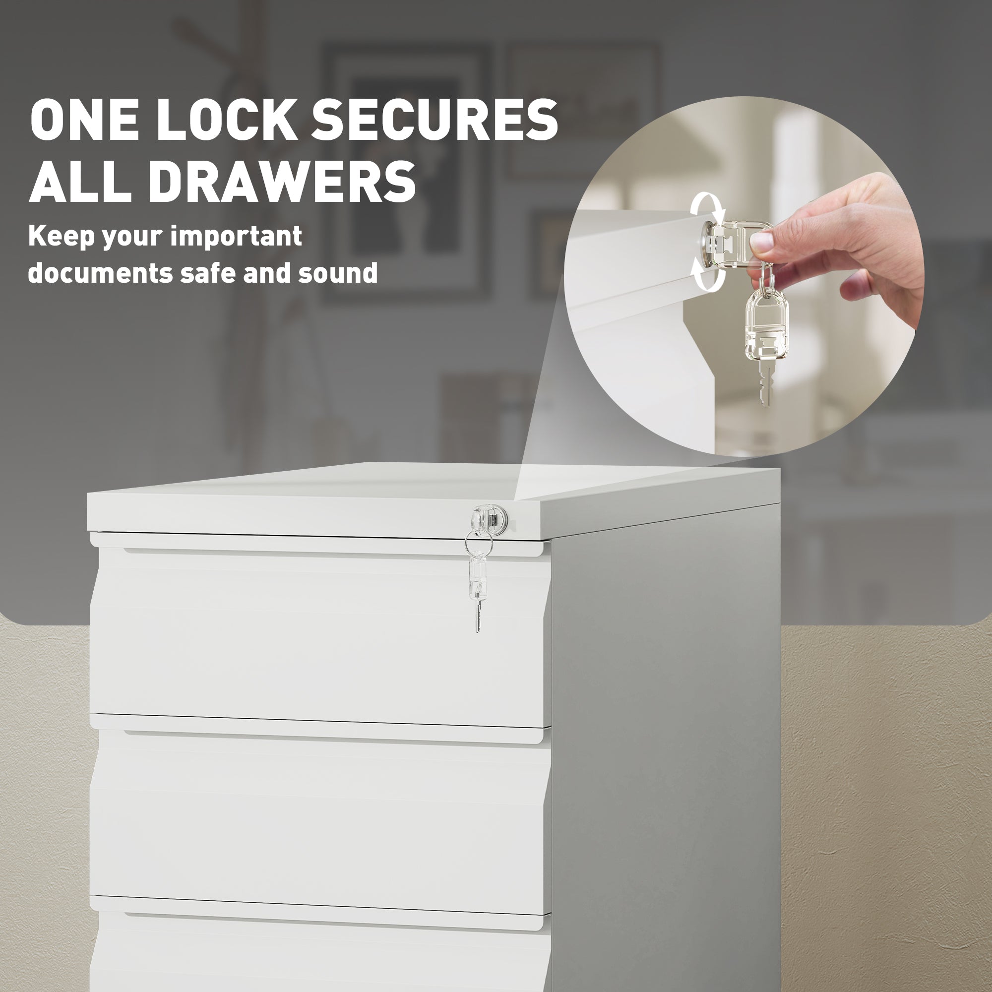 Vinsetto 3-Drawer Steel Filing Cabinet with Lock and Wheels - White - North Peak Garden Furniture