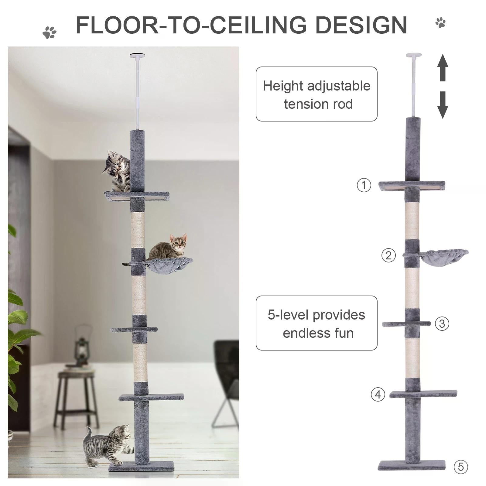 PawHut Floor to Ceiling Cat Tree for Indoor Cats 5-Tier Kitty Tower Climbing Activity Center Scratching Post Adjustable Height 230-260 cm Grey