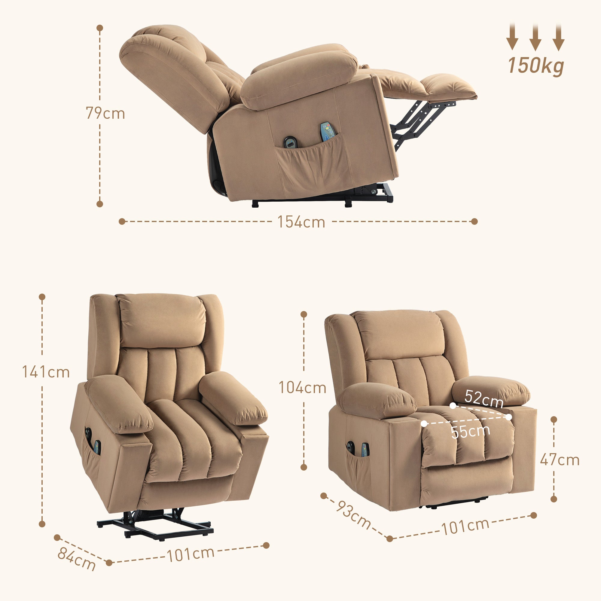 HOMCOM Power Lift Recliner Chair with Vibration Massage and Heat, Electric Lift Chair for Elderly, Overstuffed Fabric Riser and Reclining Armchair with USB Ports, Cup Holders, Light Brown - North Peak Garden Furniture