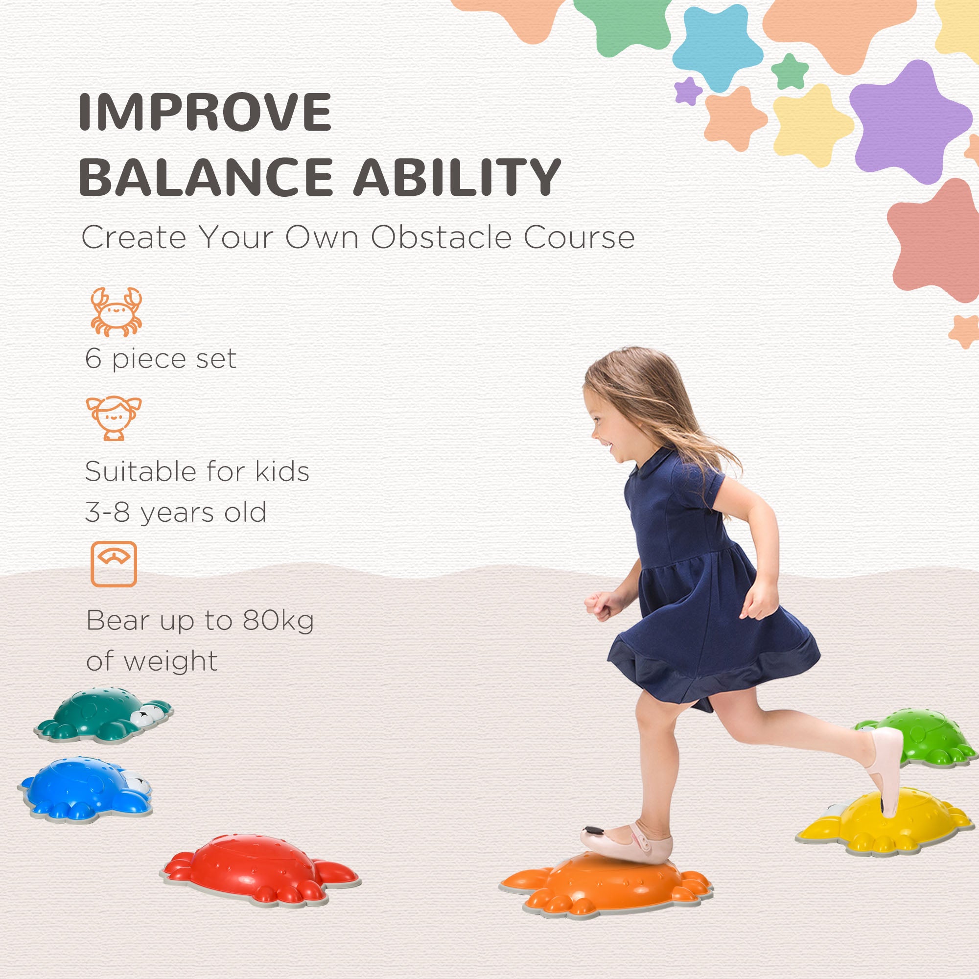 ZONEKIZ 6PCs Kids Stepping Stones w/ TPE Anti-Slip Edge, Crab-Designed Balance River Stones, Obstacle Courses, Stackable