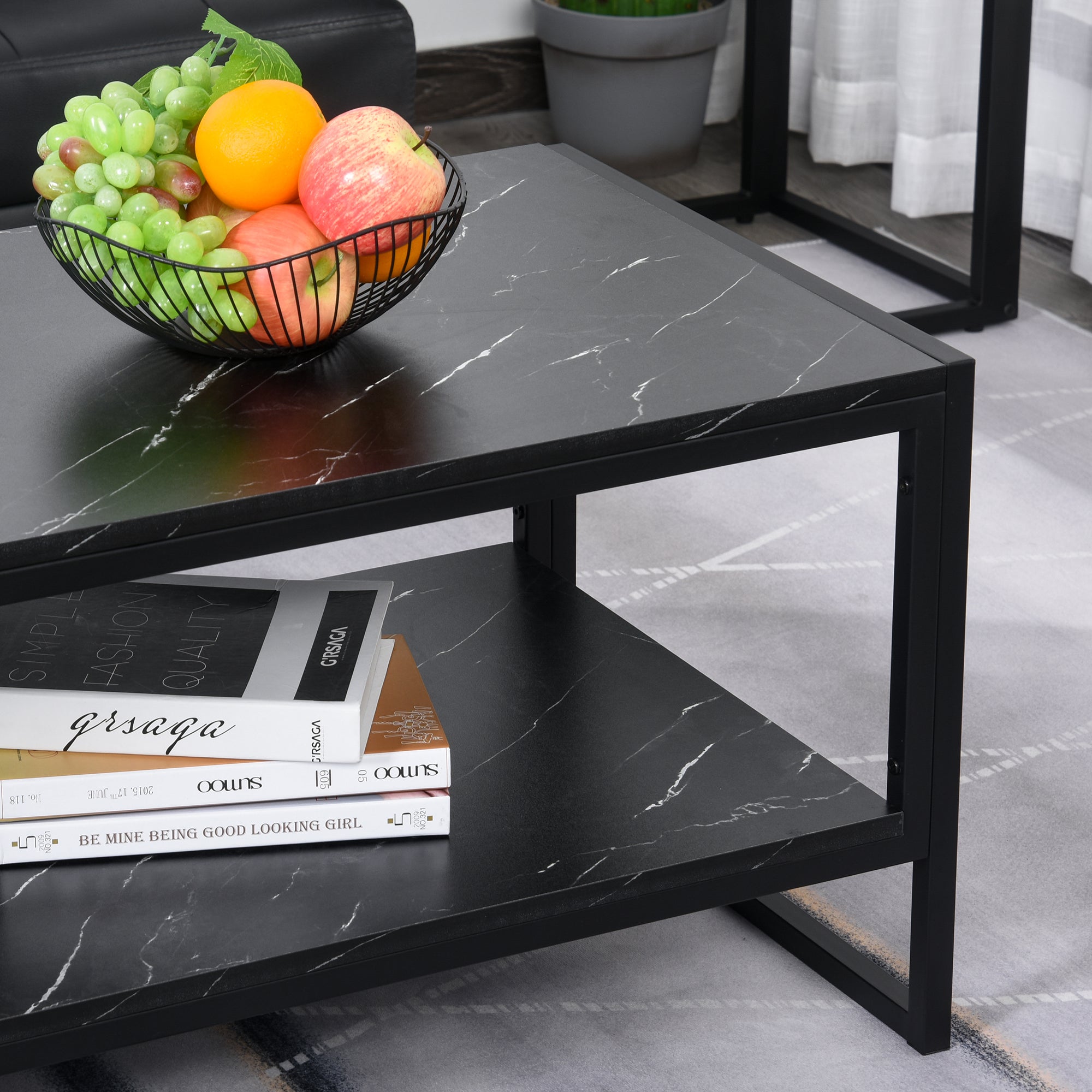 HOMCOM Coffee Table, Two-Tier Marble Centre Table with Metal Frame and Storage Shelf for Living Room, 106 x 50 x 45cm, Black - North Peak Garden Furniture