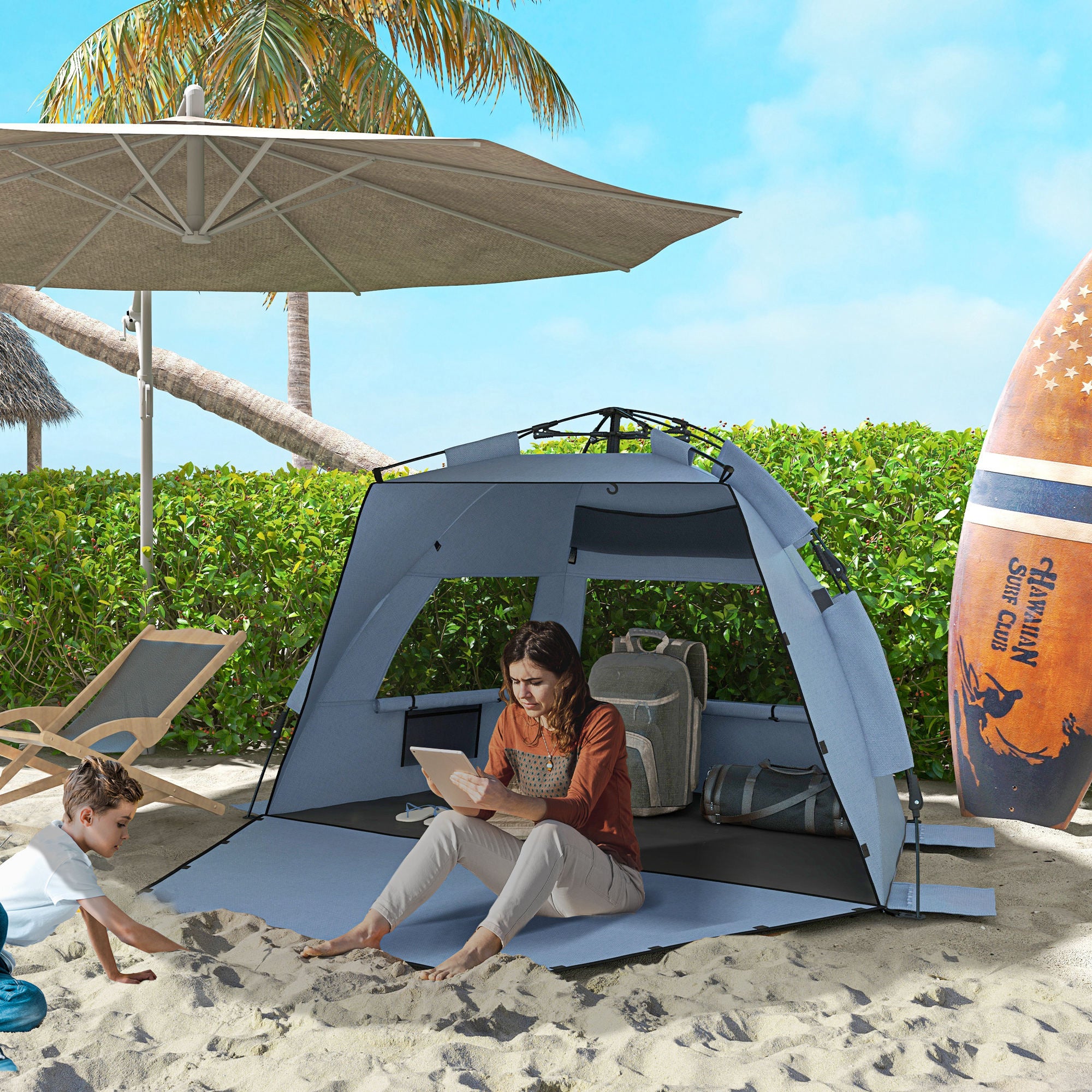 Outsunny 2-3 Person Pop Up Beach Tent, UPF15+ Sun Shelter with Extended Floor, Sandbags, Mesh Windows and Carry Bag, Light Blue - North Peak Garden Furniture