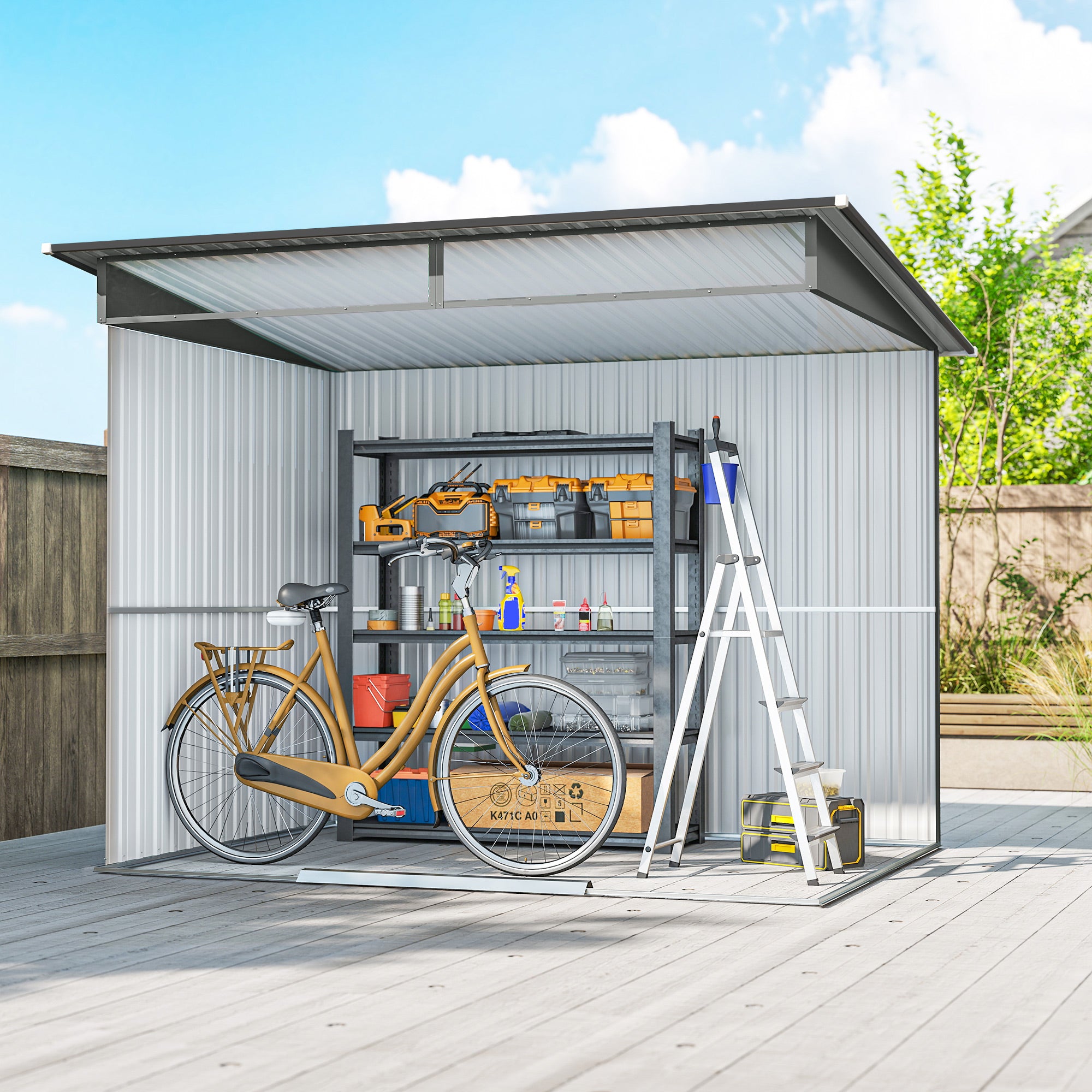 Outsunny 9ft x 6.5ft Garden Storage Shed with Top Window, Metal Outdoor Shed Tool House with Double Doors, Light Grey