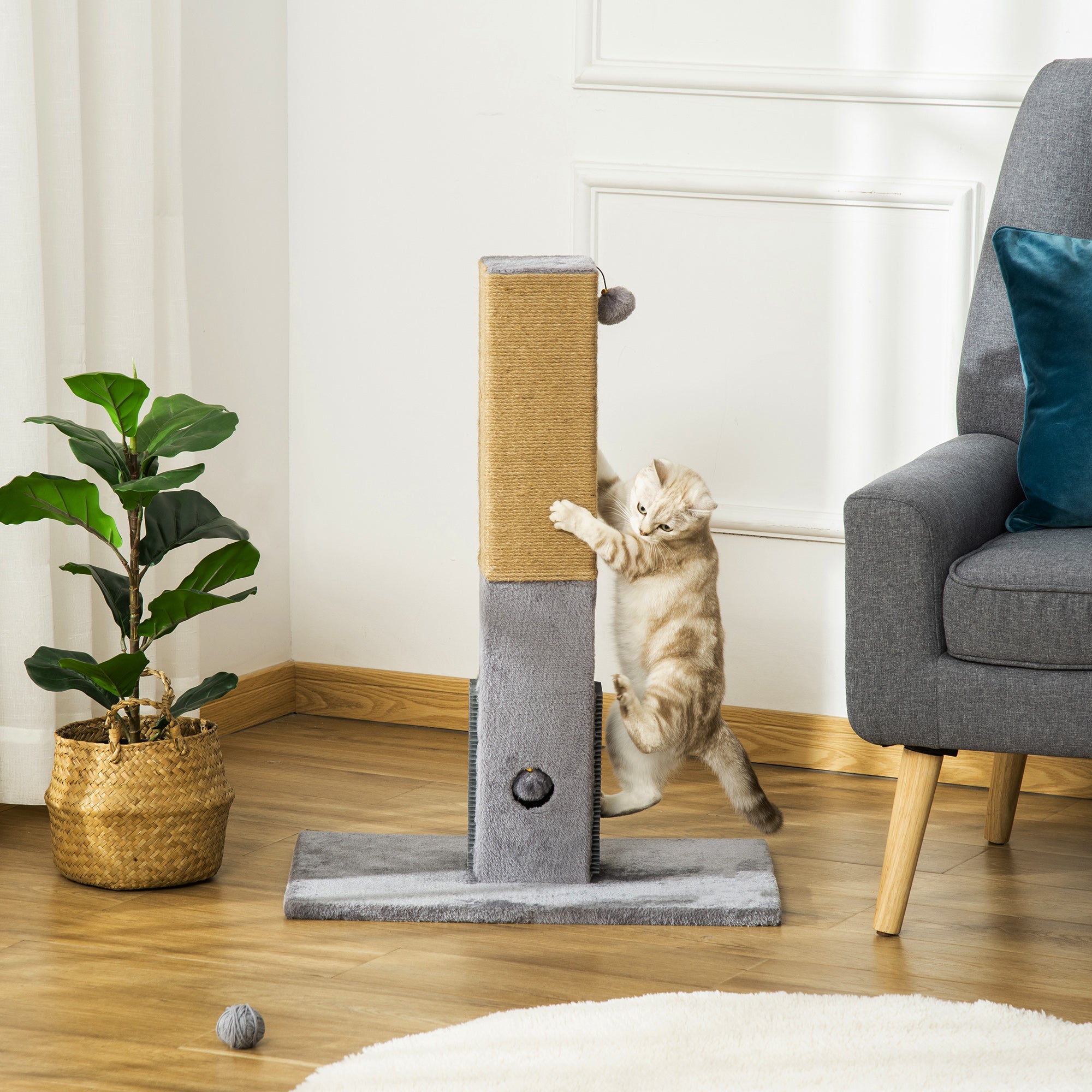 PawHut Cat Tree Scratching Post for Indoor Cats 79cm Jute Scratcher Climber w/ Carpet Base Dangling Toy – Grey