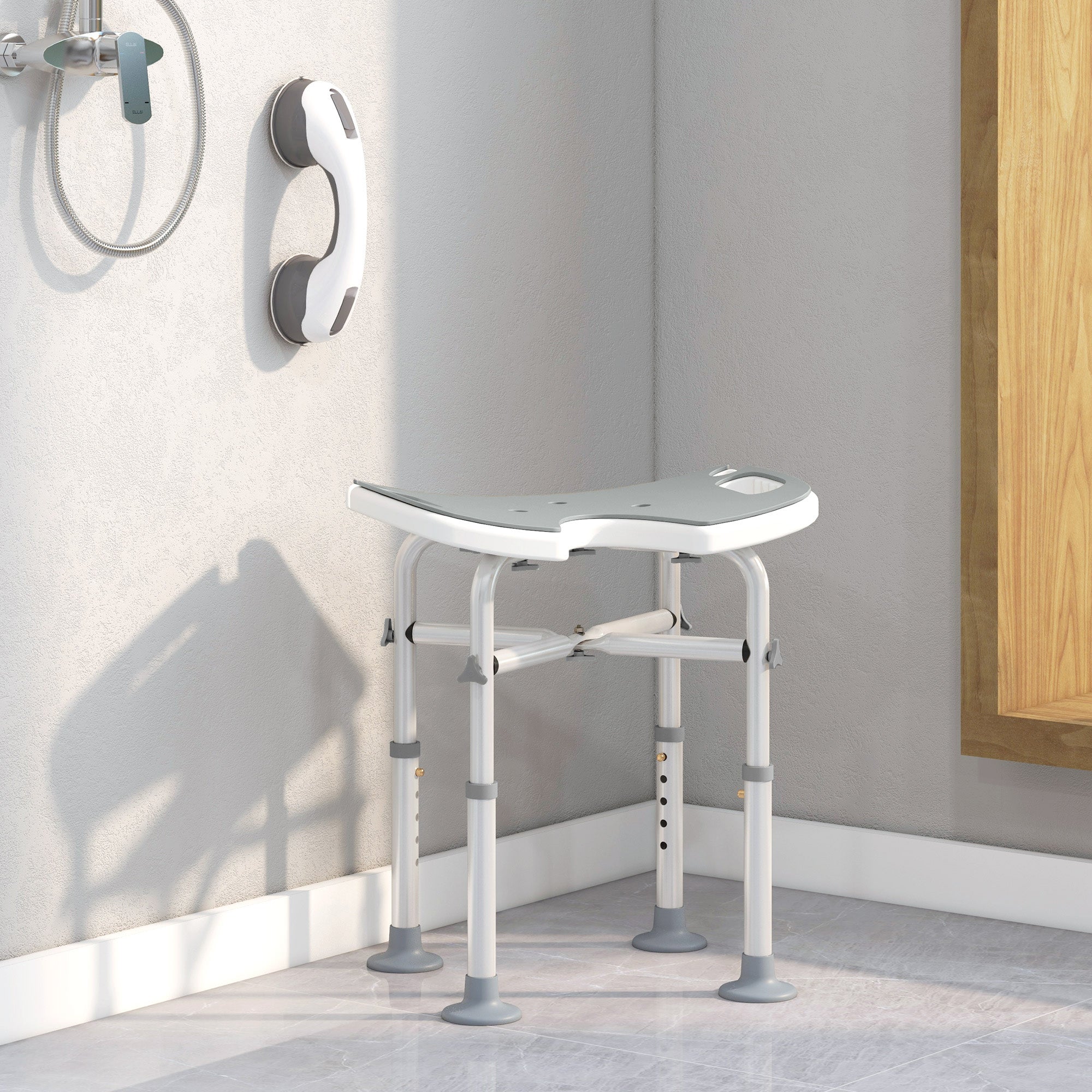 HOMCOM 39-51.5cm 'U' Seat Padded Shower Stool - Grey - North Peak Garden Furniture