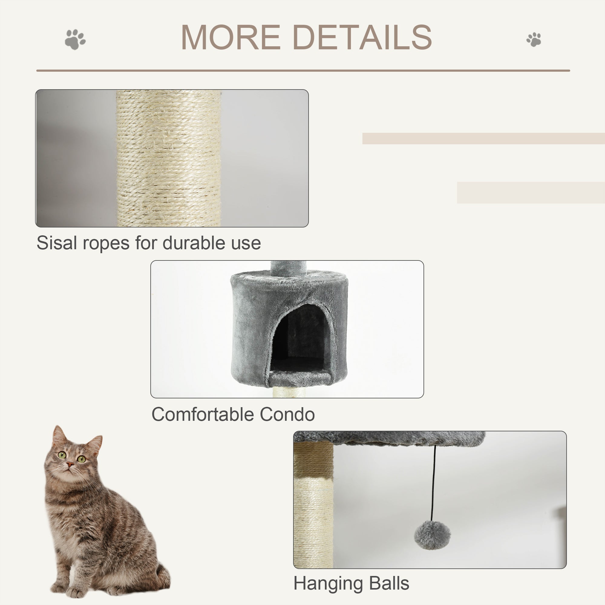 PawHut Floor to Ceiling Cat Tree for Indoor Cats, Kitten Tower, Condo, Multi-Layer Activity Center, Indoor Pet Play House with Solid Scratching Post Hanging Balls, Light Grey - North Peak Garden Furniture