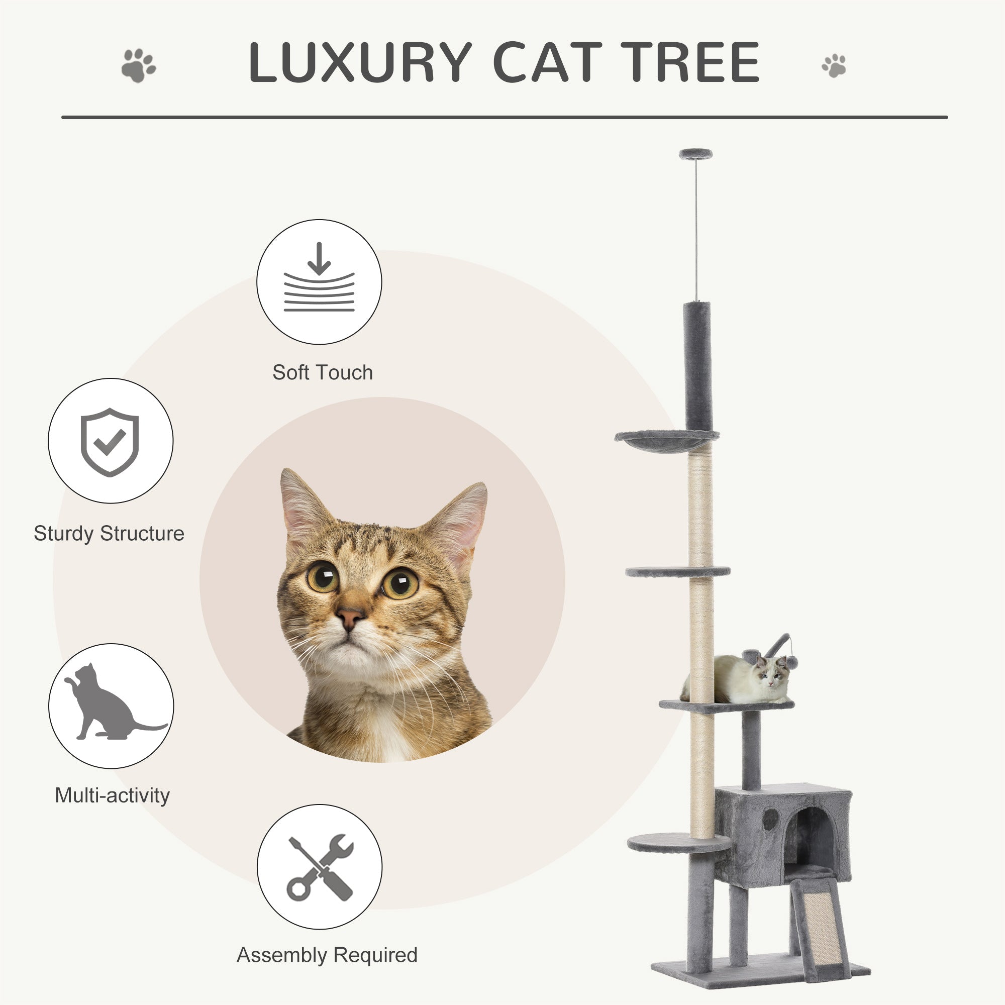 PawHut 270cm Floor To Ceiling Cat Tree Cat House Scratching Post for Indoor Cats Hammock Hanging Ball Activity Center Grey - North Peak Garden Furniture