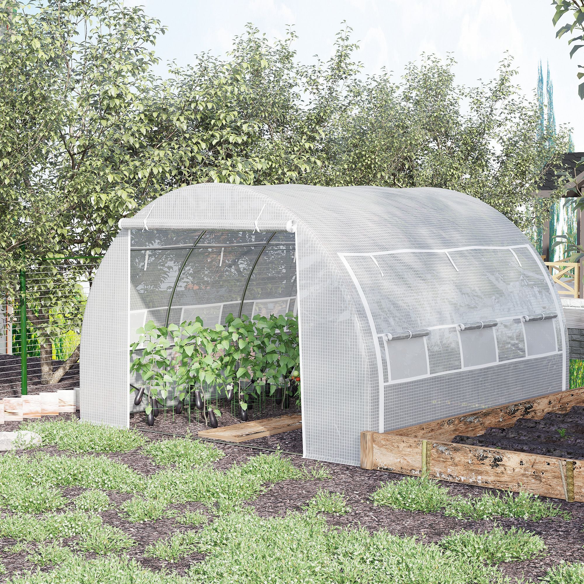 Outsunny 3 x 3 x 2 m Polytunnel Greenhouse with Roll-up Side Walls, Walk-in Grow House Tent with Steel Frame, Reinforced Cover, Zipped Door and 6 Mesh Windows for Garden, White - North Peak Garden Furniture