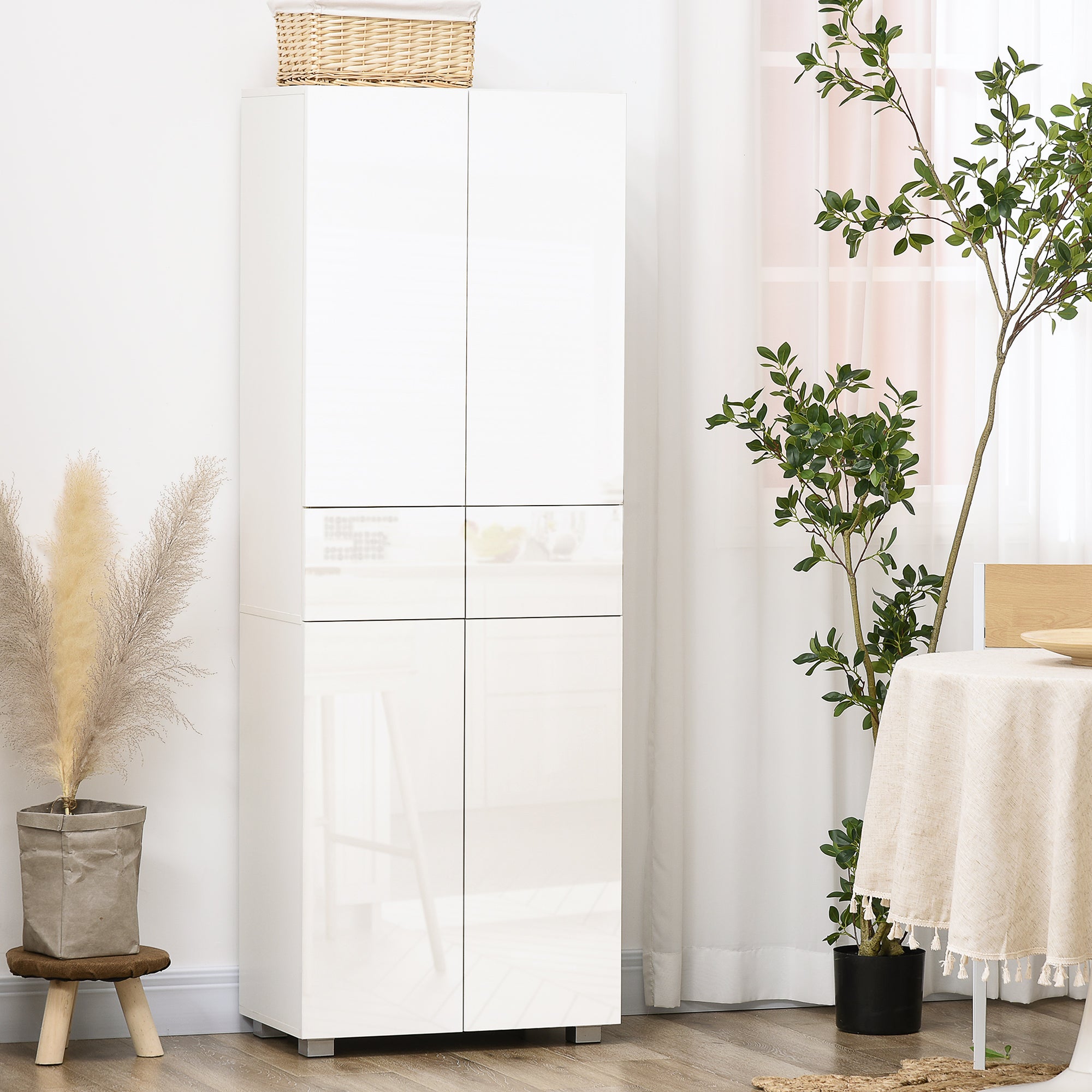 HOMCOM 4-Door Kitchen Cupboard, Freestanding 5-Tier Storage Cabinet with 3 Adjustable Shelves, 2 Drawers for Living Room, Dining Room, Push to Open Design, High Gloss White - North Peak Garden Furniture