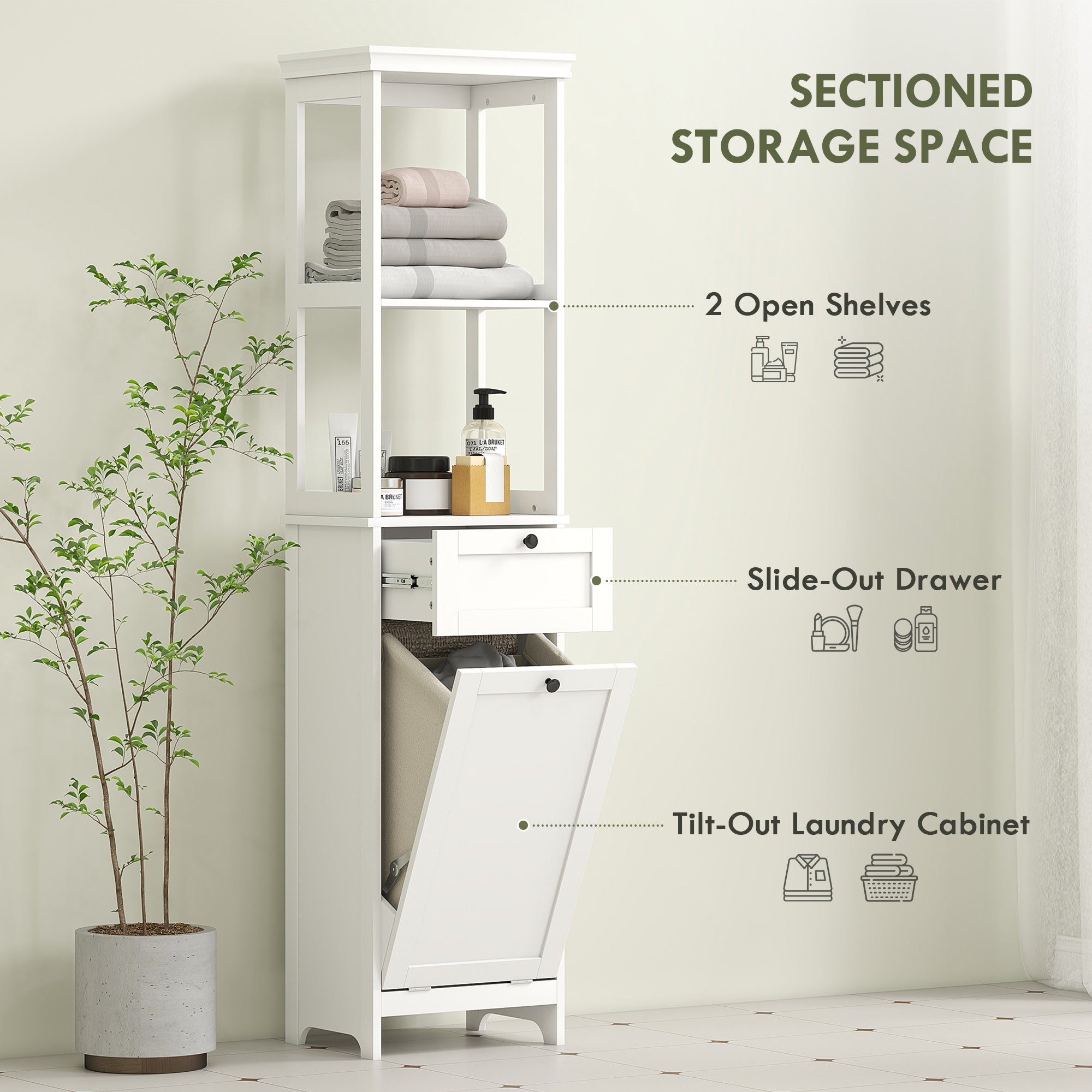HOMCOM Tall Bathroom Cabinet with Tilt-Out Laundry Basket - White - North Peak Garden Furniture