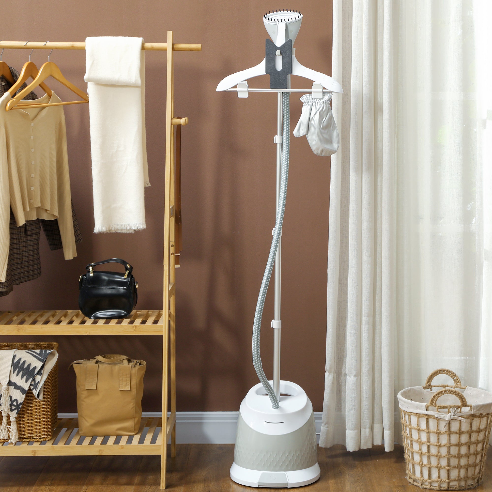 HOMCOM Clothes Steamer, Upright Garment Steamer Wrinkle Remover with Large 1.8L Water Tank, Adjustable Height, for Home Clothing, Curtains, Wedding Dresses, Silk, Sofa, Light Grey - North Peak Garden Furniture