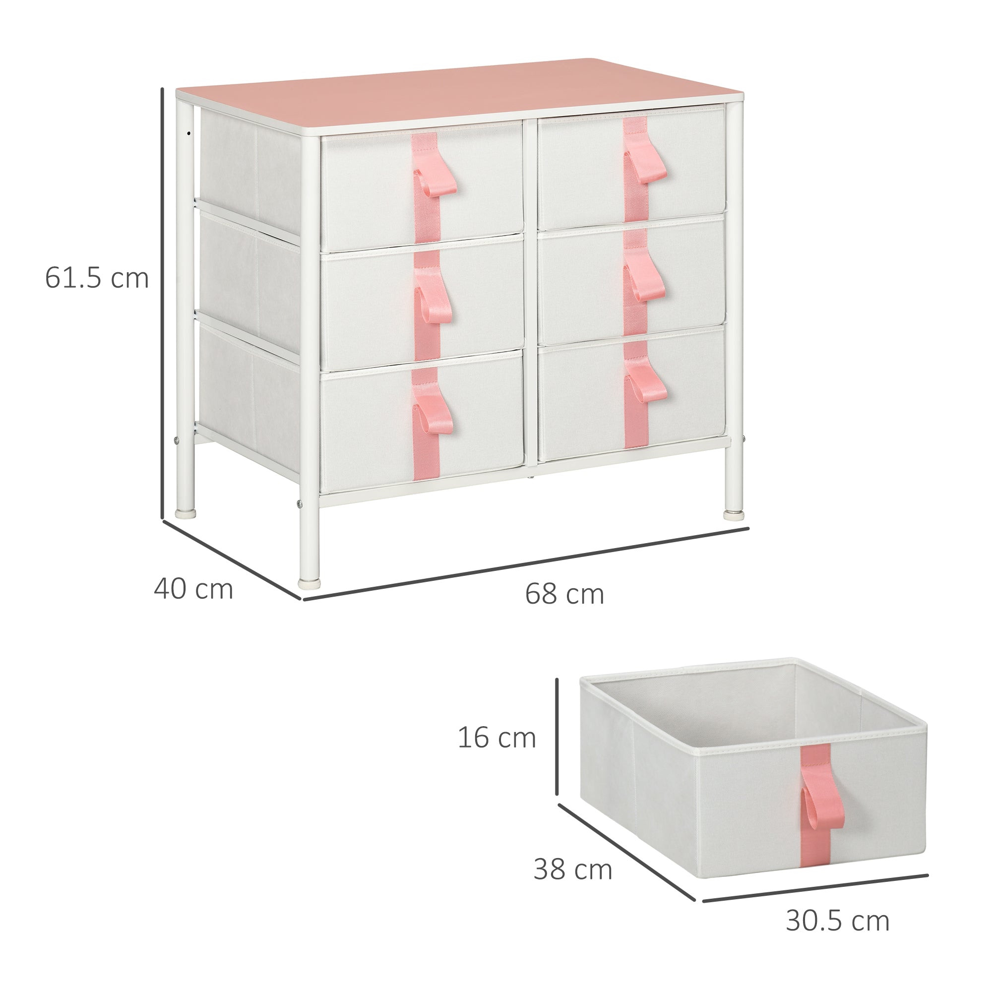 HOMCOM Chest of Drawers, Cloth Organizer Unit with 6 Fabric Drawers, Metal Frame and Wooden Top, Storage Cabinet for Kids Room, Living Room, Closet, Hallway, Pink - North Peak Garden Furniture