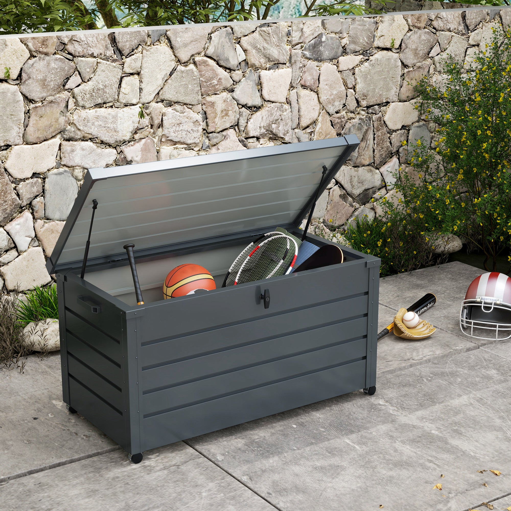 Outsunny 311L Galvanised Steel Garden Storage Box, with Lock - Dark Grey