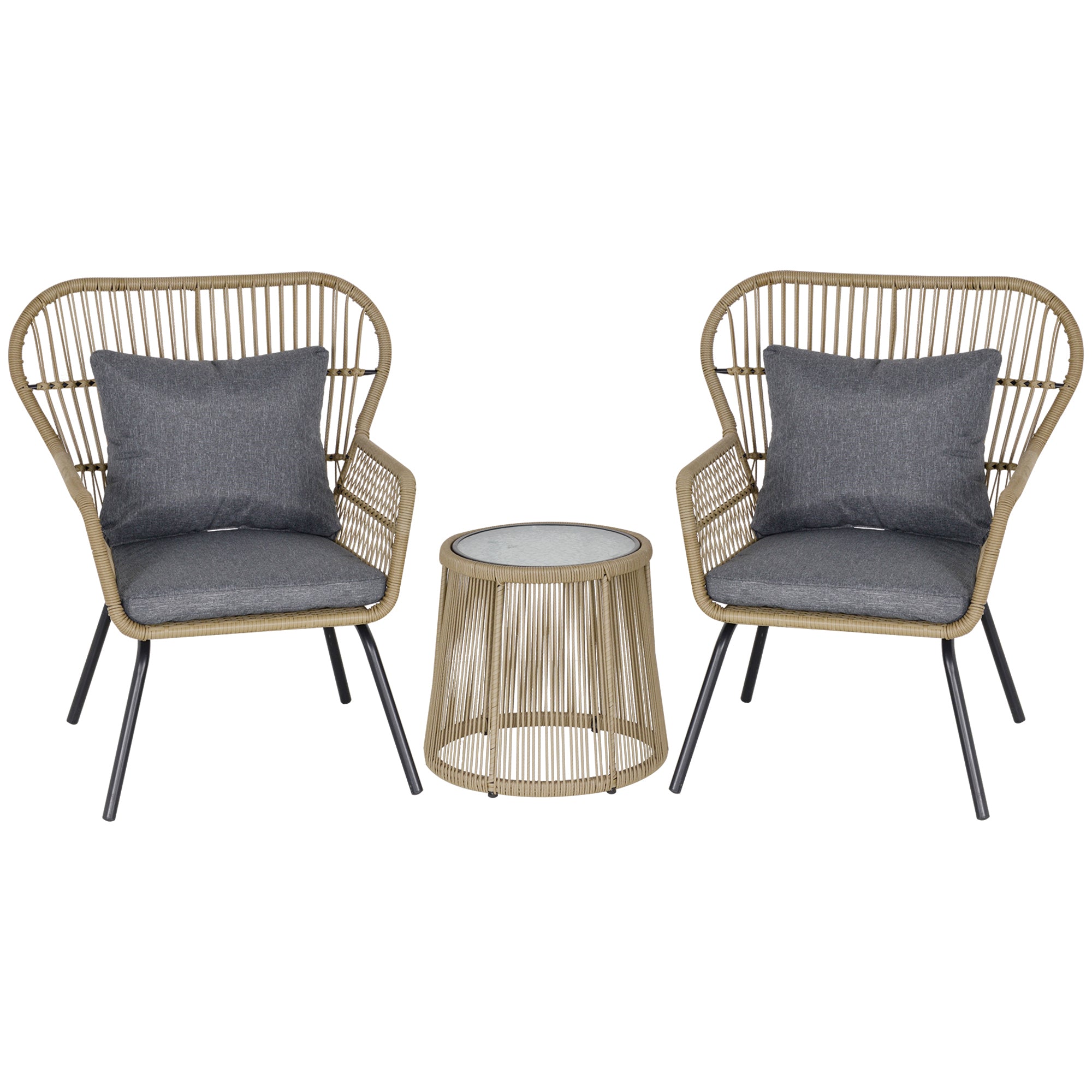 Outsunny 3 Pieces Rattan Bistro Set, Wicker Garden Furniture Set with Cushions, Glass Top Coffee Table and Chairs for Outdoor, Patio, Balcony, Brown - North Peak Garden Furniture