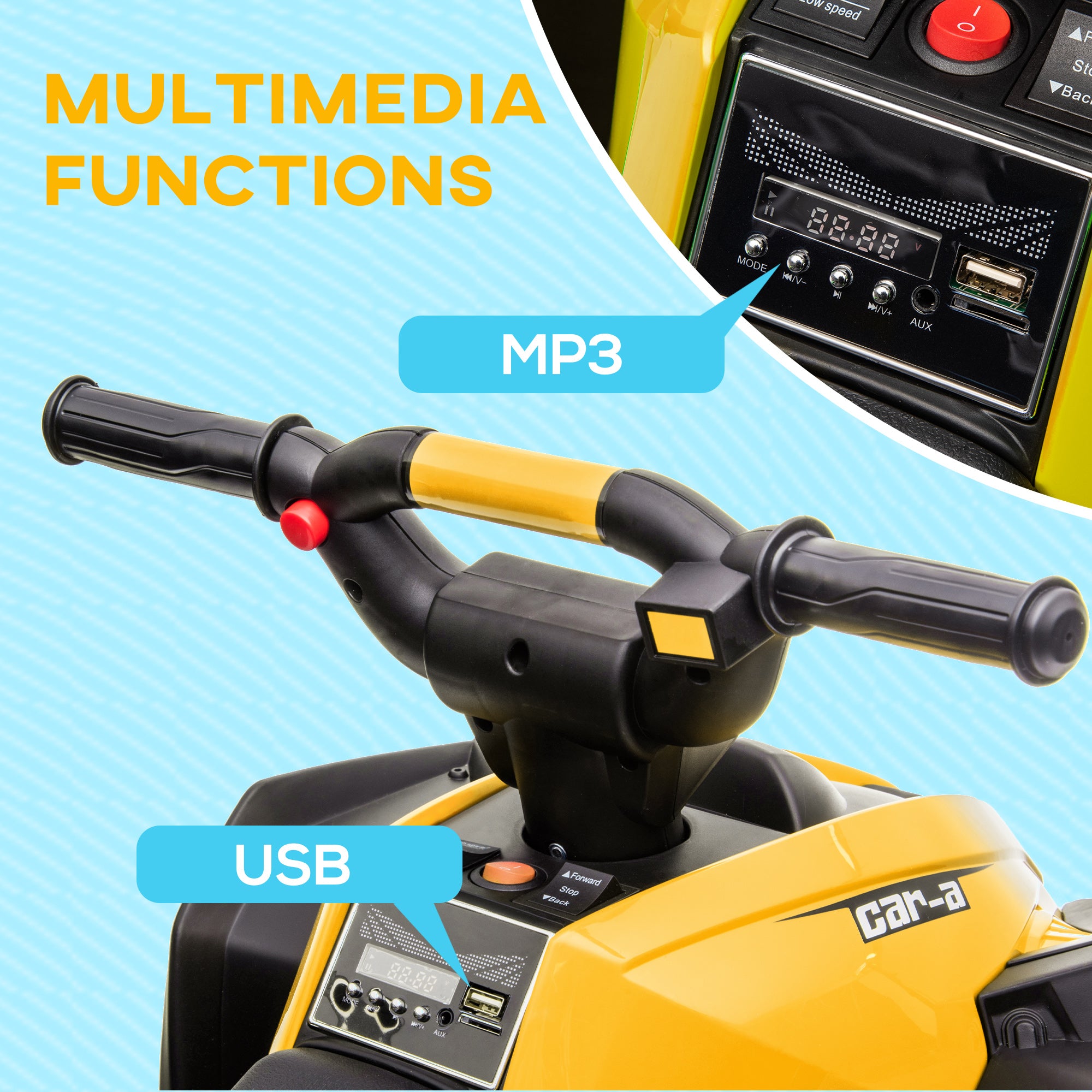 HOMCOM 12V Ride-On Quad Bike w/ Music, Horn, for Ages 3+ Years - Yellow - North Peak Garden Furniture