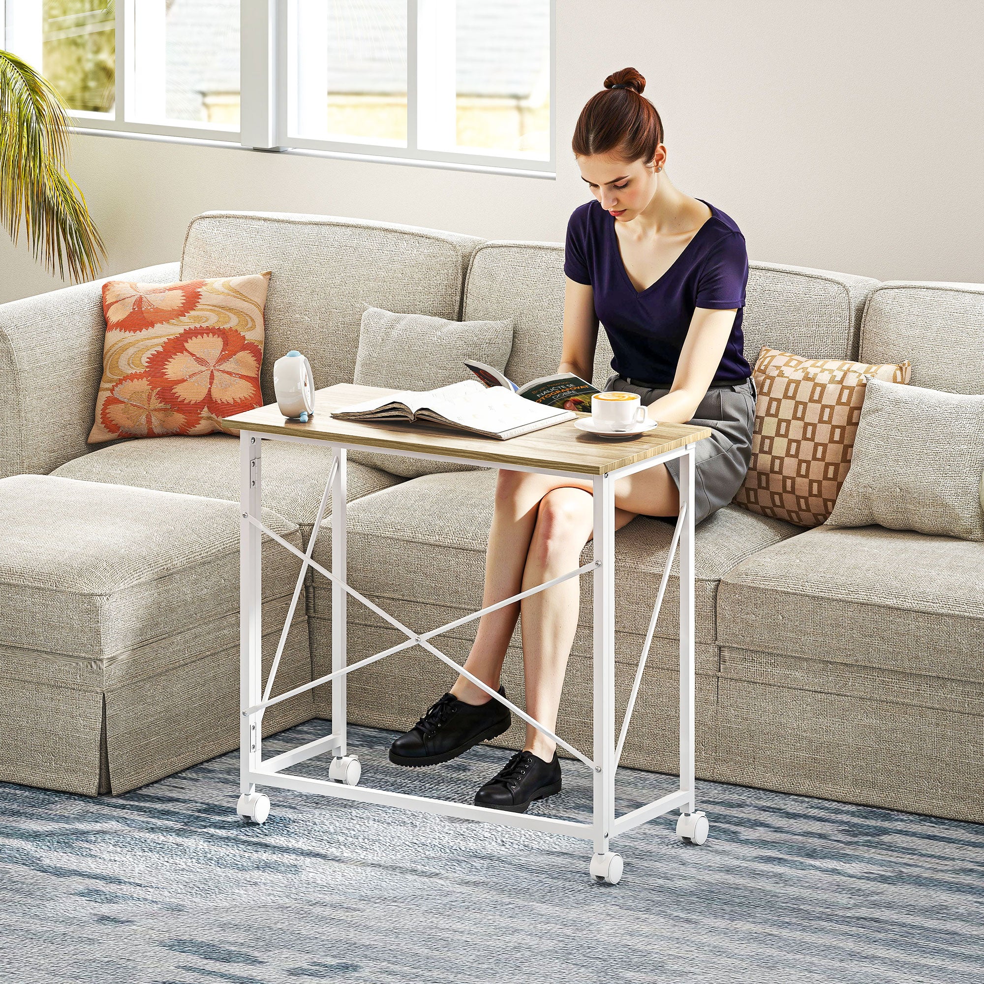 HOMCOM 80 cm Folding Desk on Wheels - Natural Tone - North Peak Garden Furniture